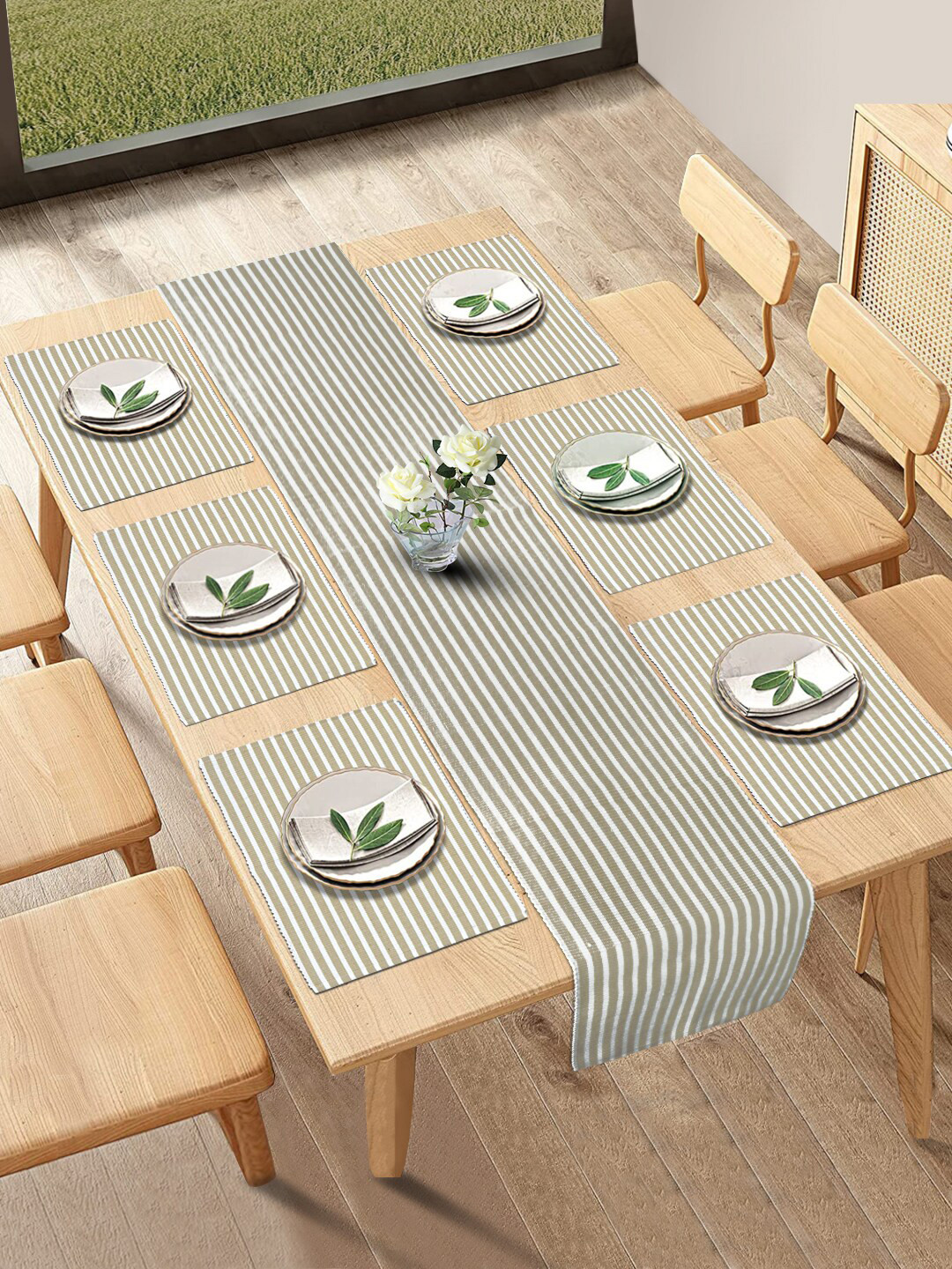 HOKIPO Cotton Ribbed Heat Resistant 7 Pieces Table Mats with Runner