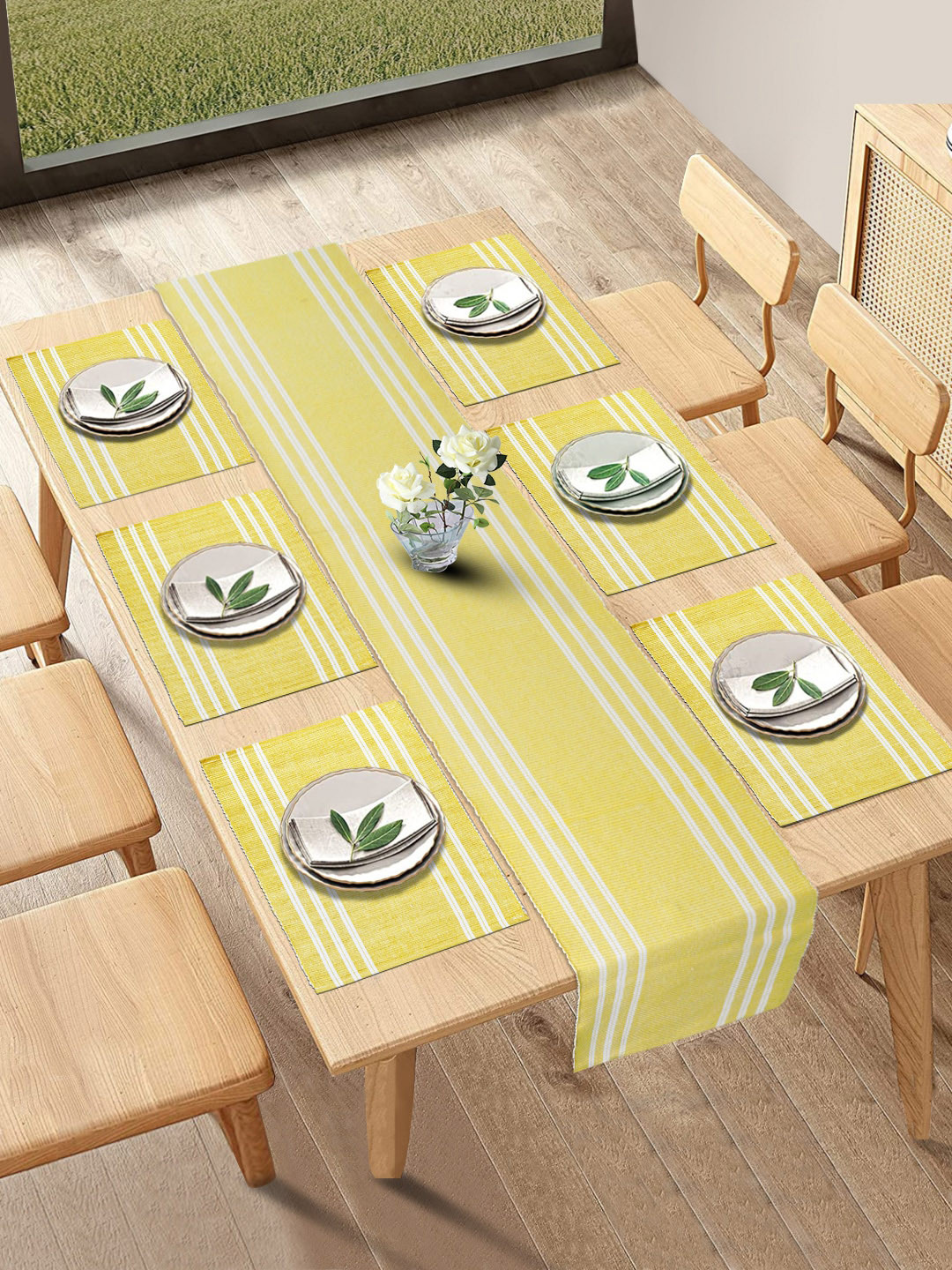 HOKIPO Yellow Cotton Ribbed Heat Resistant 7 Pieces Table Mats with Runner