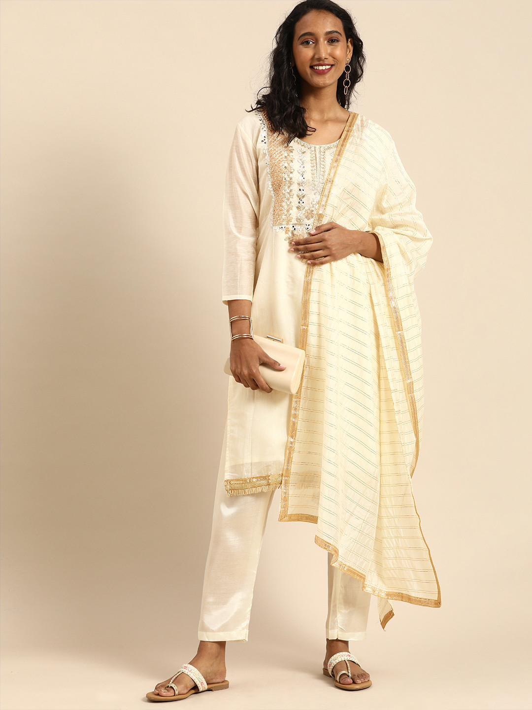 Rajnandini Off-White Embroidered Chanderi Silk Unstitched Dress Material