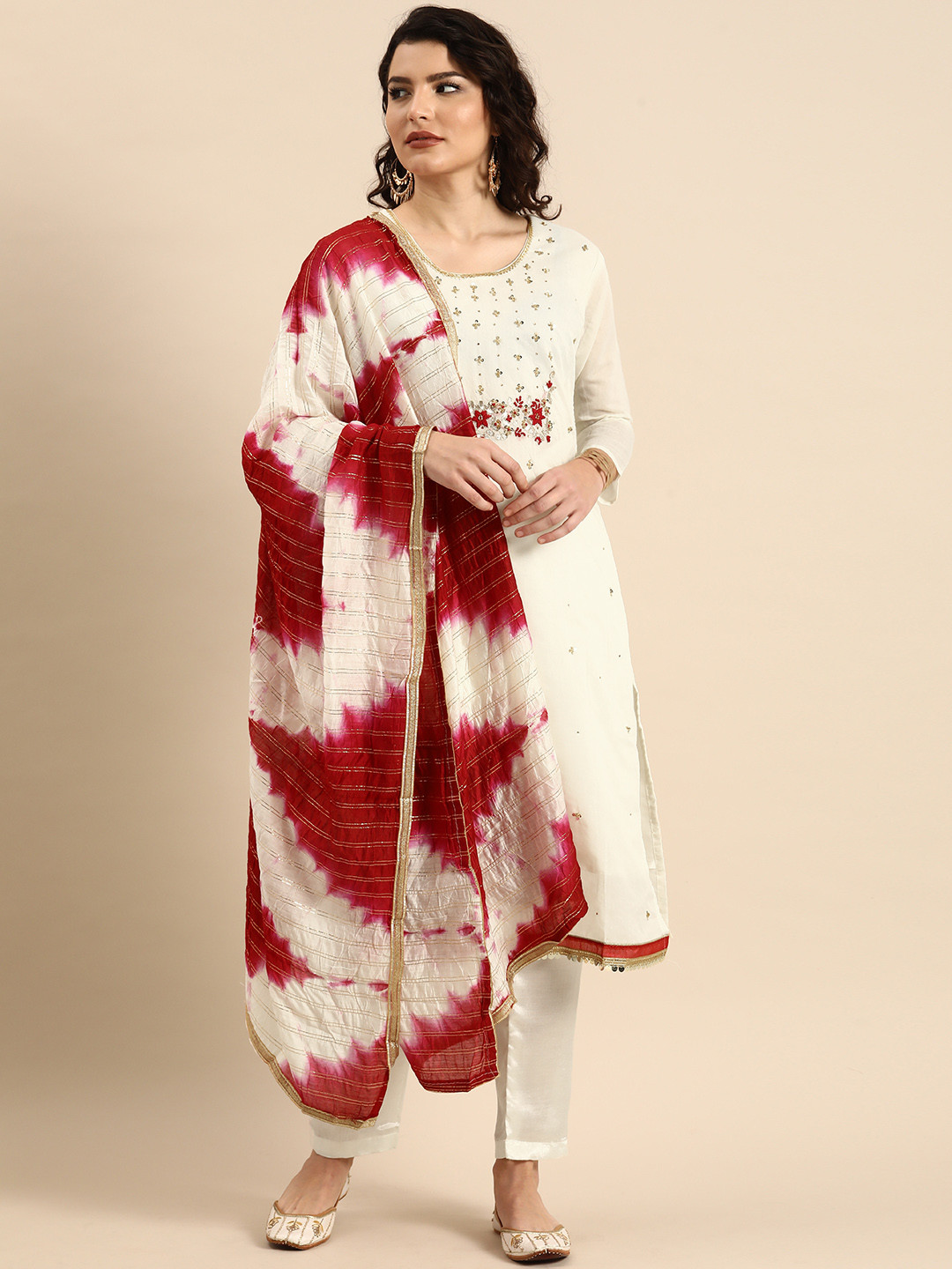 Rajnandini White & Maroon Embroidered Unstitched Dress Material