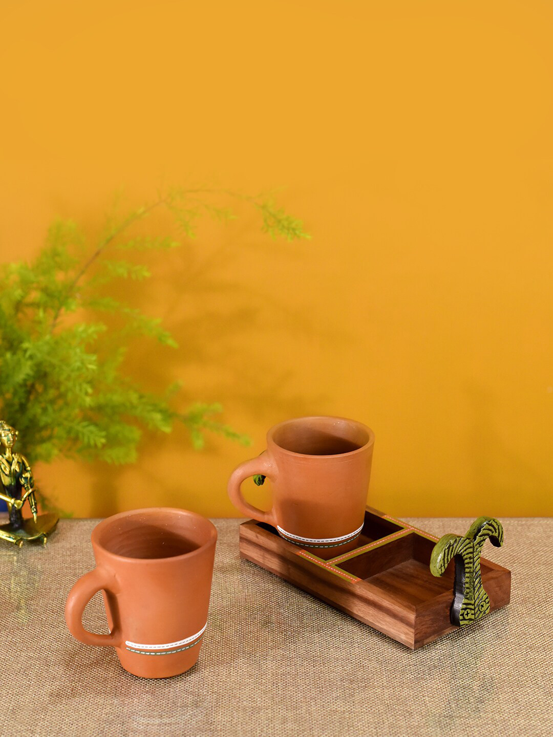AAKRITI ART CREATIONS Double Glazed Brown Wood Dishwasher Safe 2 Piece Mug with Tray-200ml