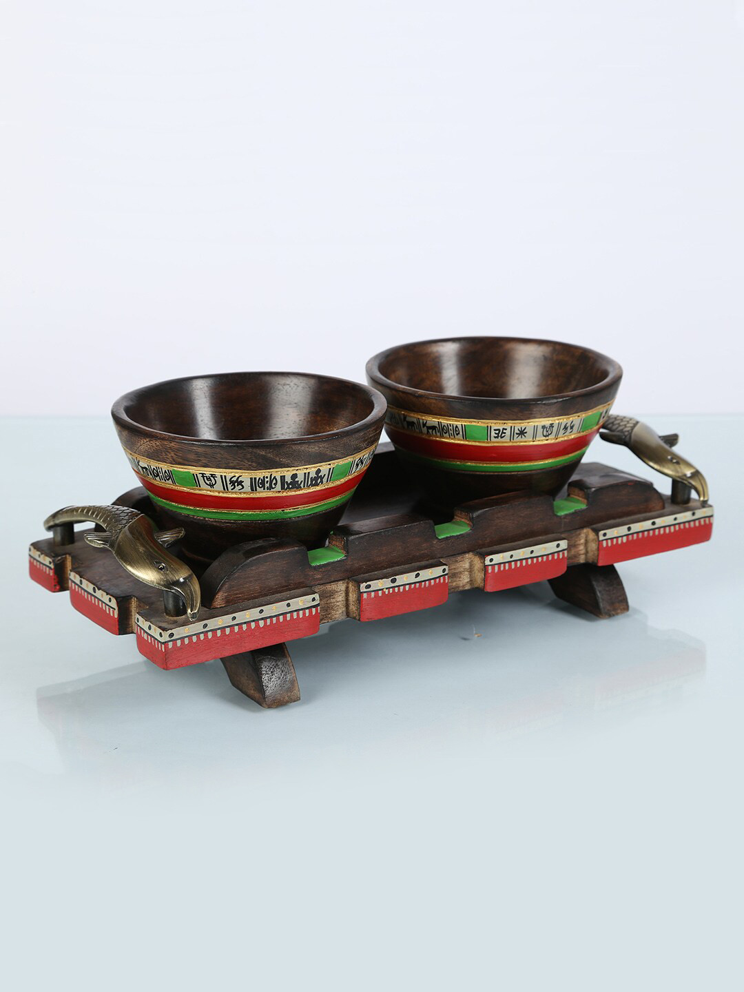 AAKRITI ART CREATIONS Set Of 2 Brown & Red Handpainted Wooden Bowls With Tray