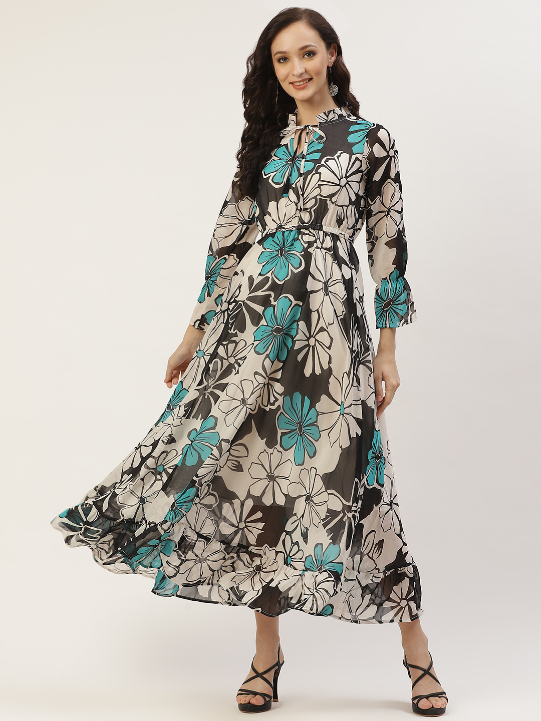 Deewa Black & White Floral Keyhole Neck Georgette Midi Dress