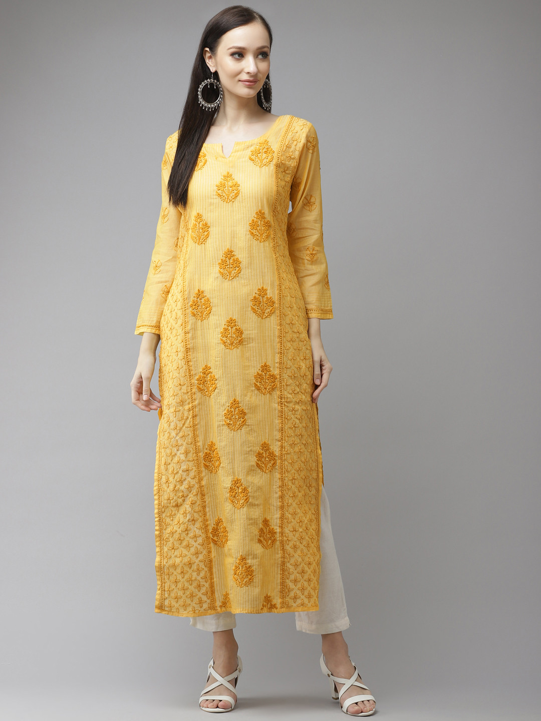 ADA Women Hand Embroidered Lucknowi Chikankari Yellow Sunshine shade Chanderi Kurta