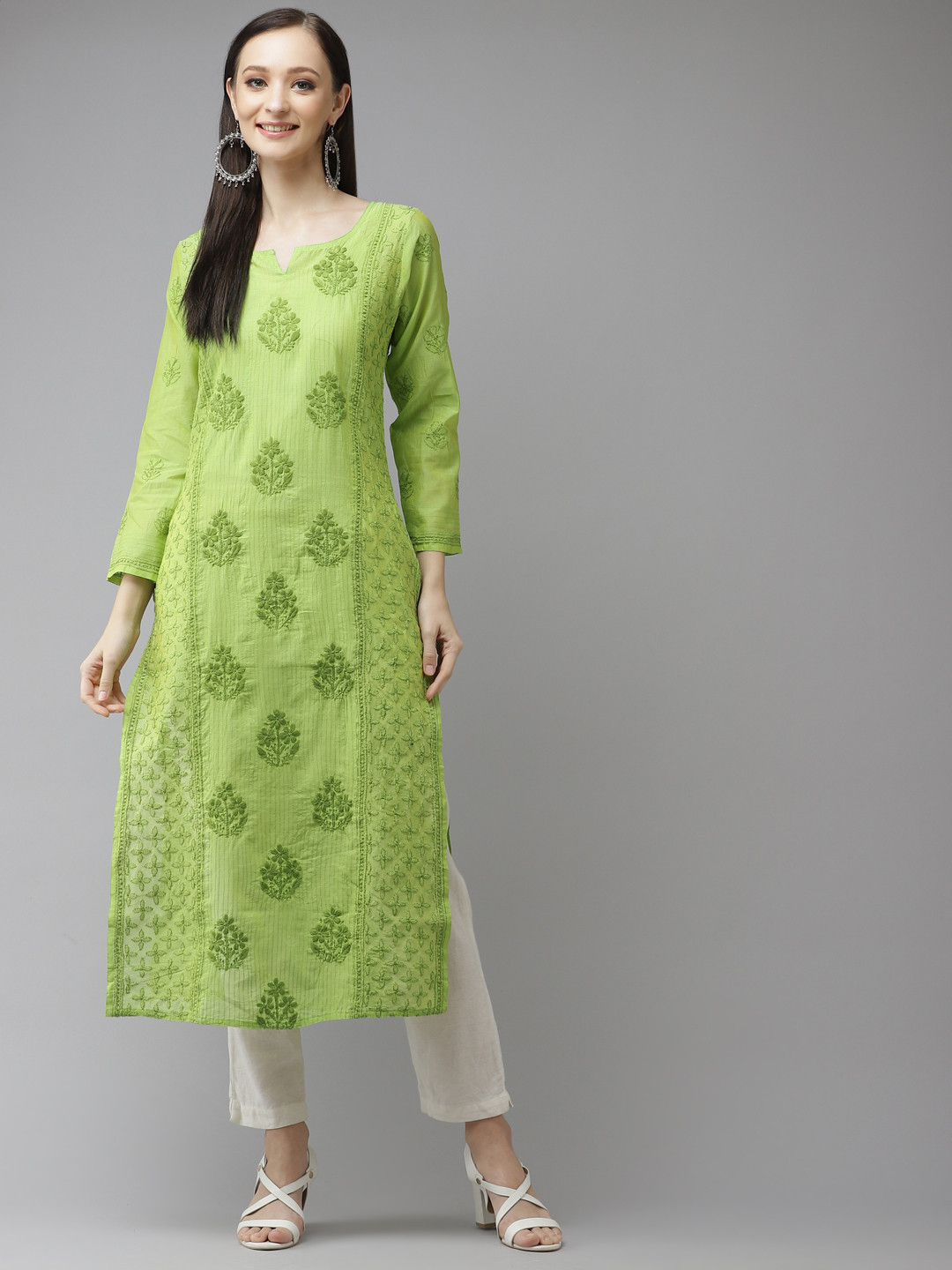 ADA Women Hand Embroidered Lucknowi Chikankari Green Sunshine shade Chanderi Kurta