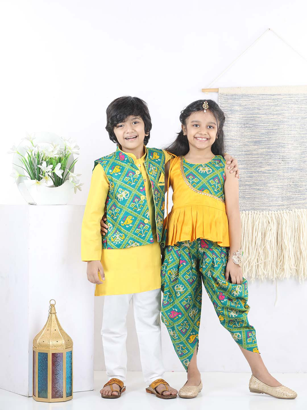 BownBee Girls Yellow Printed Regular Top with Dhoti Pants