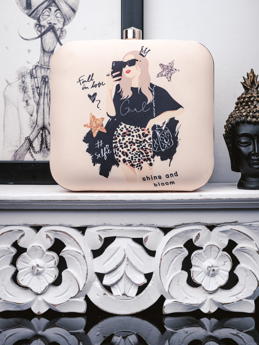 NR By Nidhi Rathi Cream-Coloured & Black Printed Box Clutch With Metal Strap