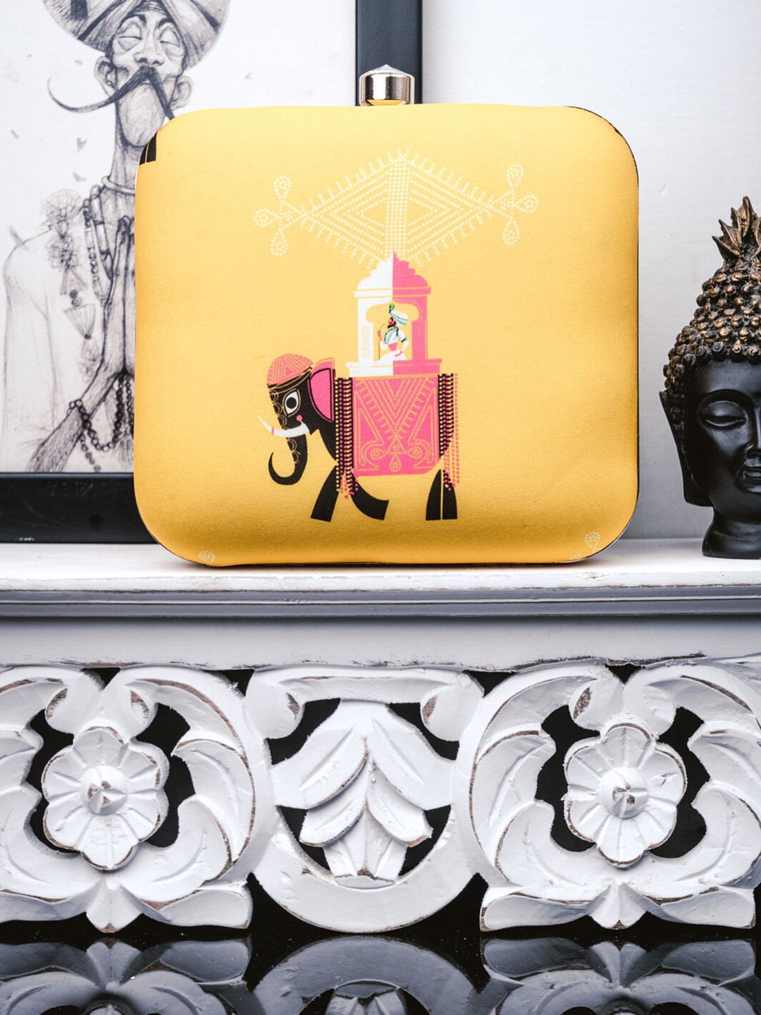 NR By Nidhi Rathi Yellow & Red Elephant Printed Box Clutch