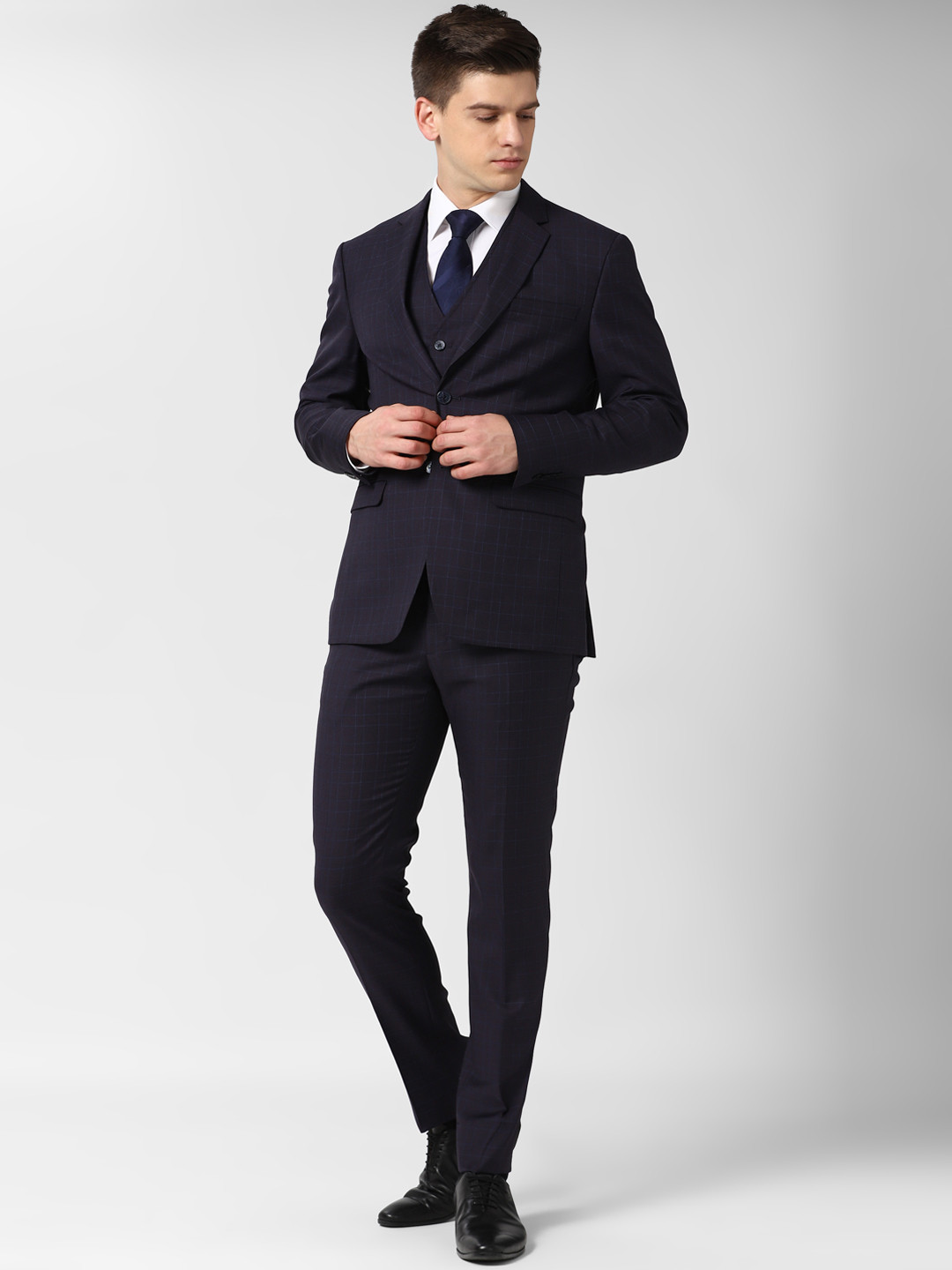 Peter England Elite Men Navy Blue Checked Slim-Fit Single-Breasted Three-Piece Formal Suit