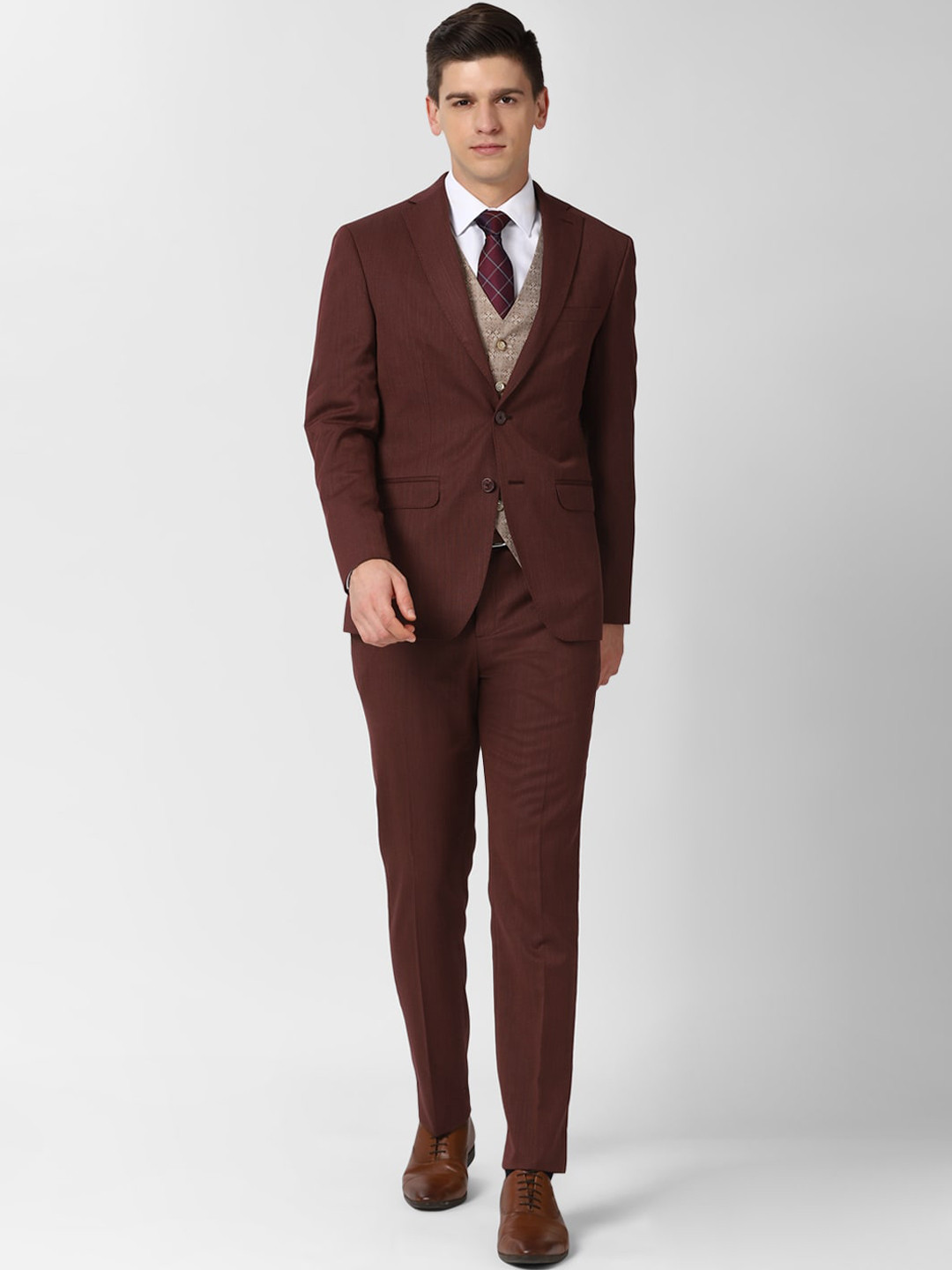 Peter England Elite Men Maroon Self Design Slim Fit Single-Breasted Three-Piece Suit