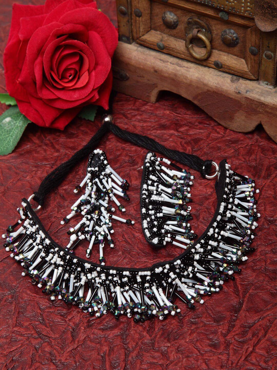 Moedbuille Black & White Stone Studded Tasselled Afghan Design Handcrafted Jewellery Set