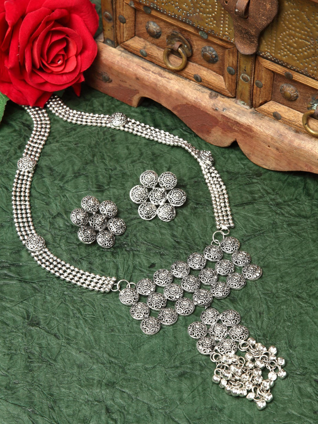 Moedbuille Silver-Plated Stone-Studded Afghan Design Handcrafted Tasselled Jewellery Set