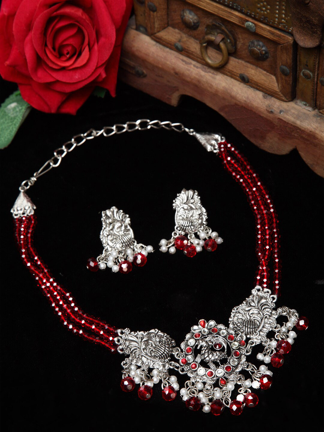 Moedbuille Oxidized Silver-Plated Red Onyx Cut Stone Temple Design Handcrafted Choker Jewellery Set