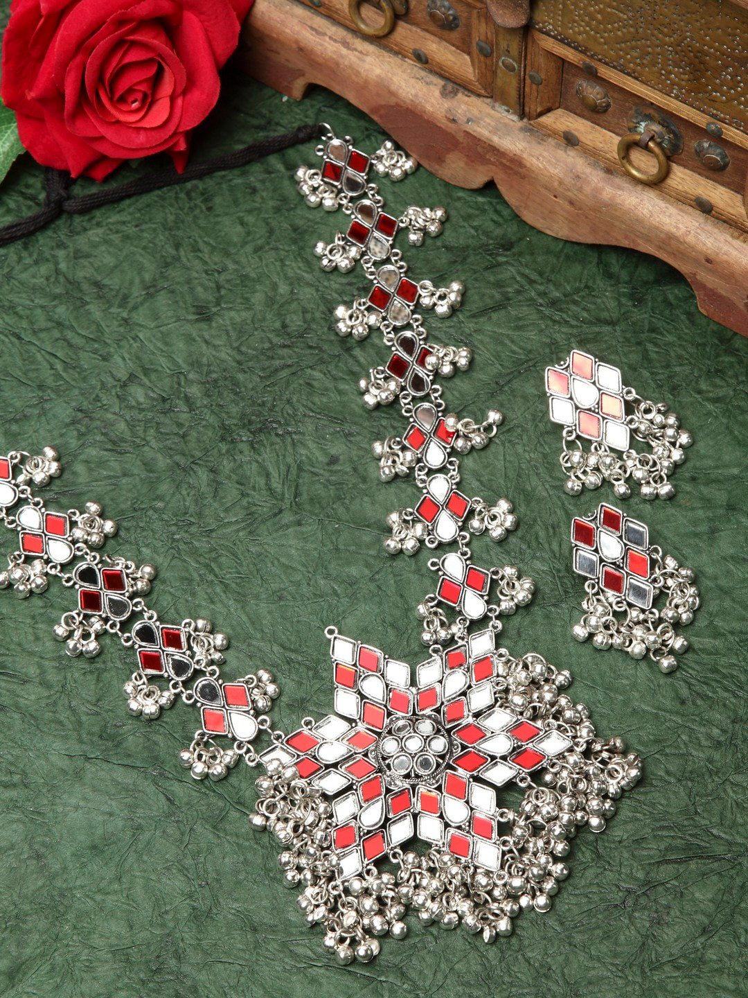 Moedbuille Oxidized Silver-Plated Red Floral Design Stone-Studded Tasselled Handcrafted Jewellery Set