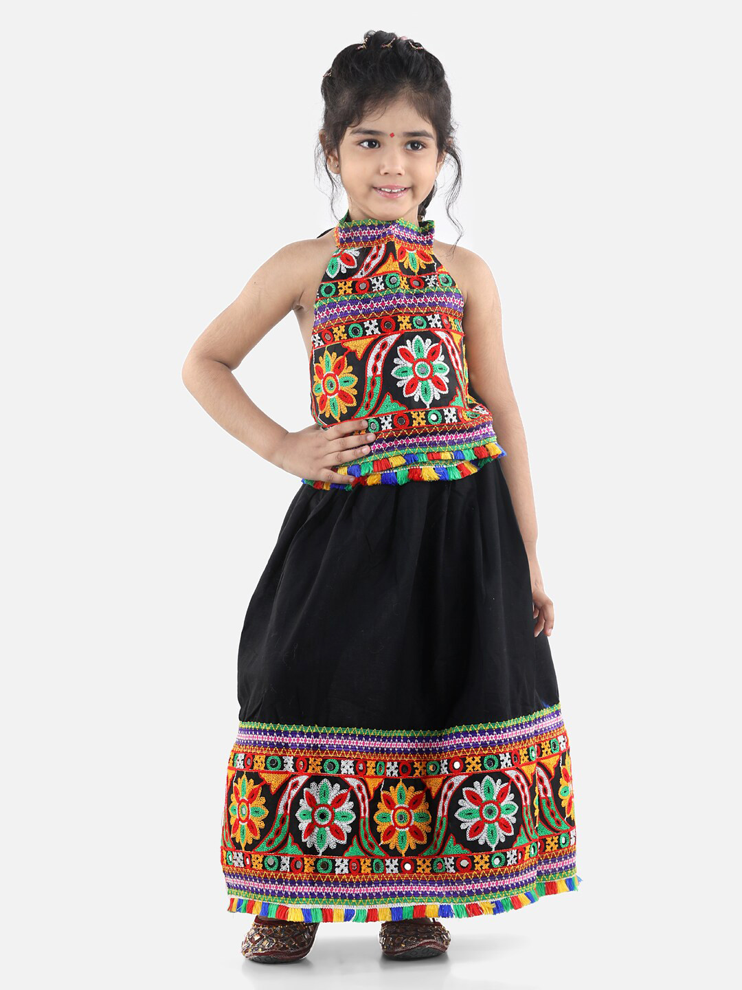 BownBee Girls Black & White Embellished Mirror Work Cotton Ready to Wear Lehenga