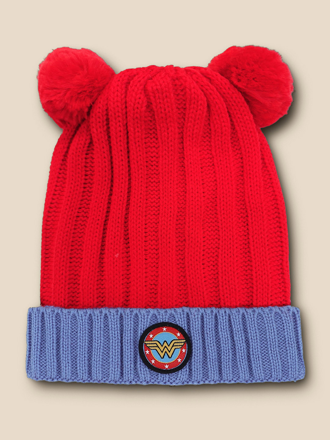 Kids Ville Girls Red & Blue Wonder Woman Colourblocked Beanie