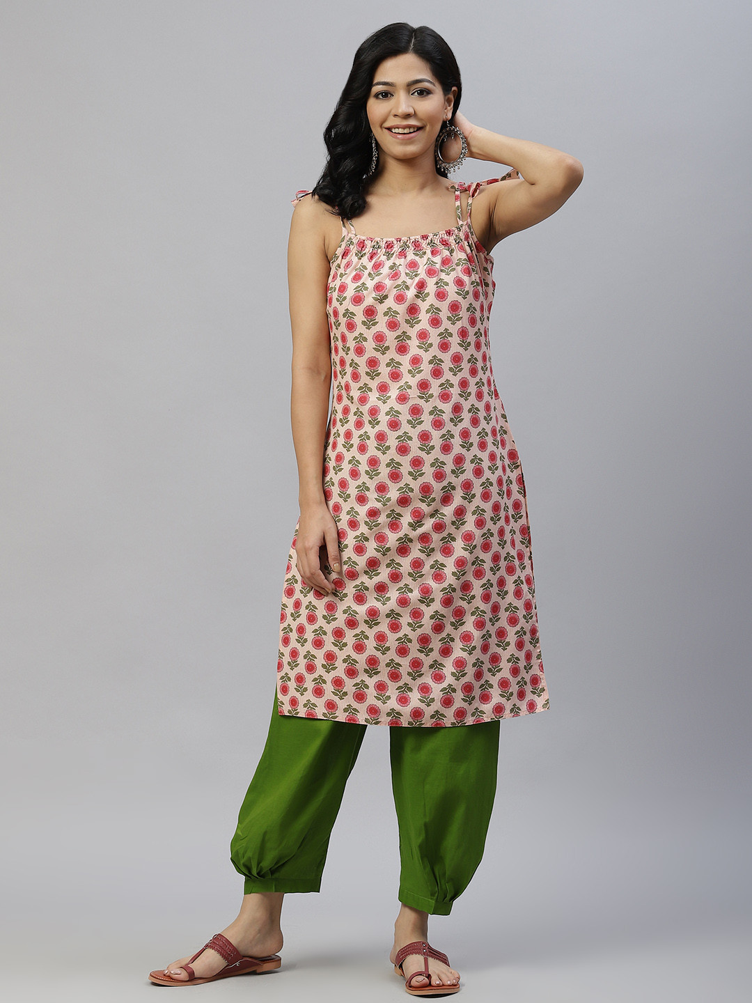 Laado - Pamper Yourself Women Pink & Beige Floral Printed Kurta