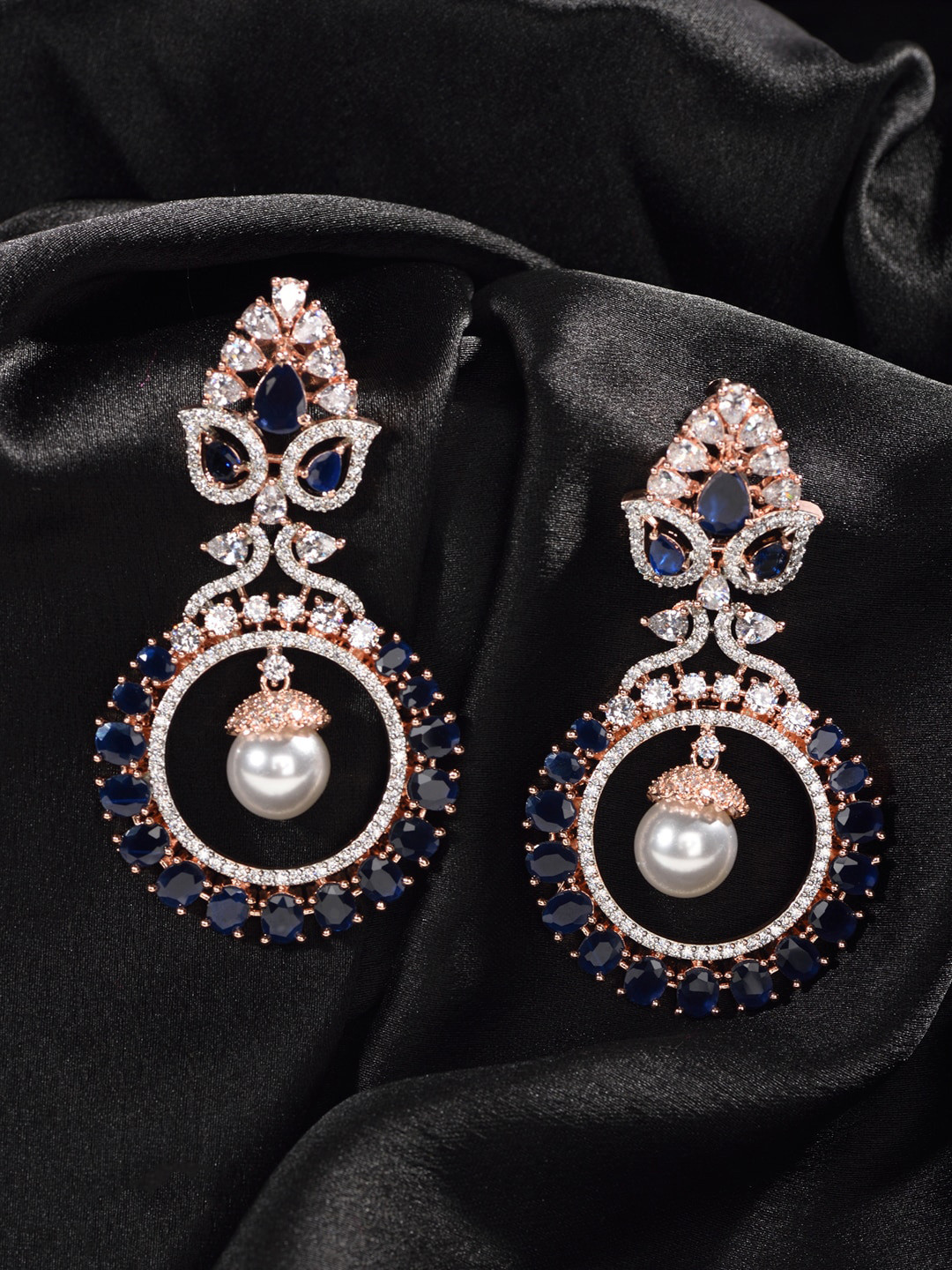 Saraf RS Jewellery Blue Sapphire AD Studded Circular Drop Earrings