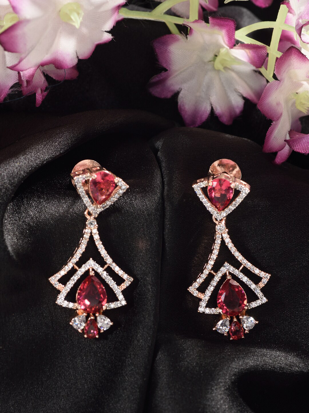 Saraf RS Jewellery Red & Rose Gold Plated AD Studded Triangular Drop Earrings