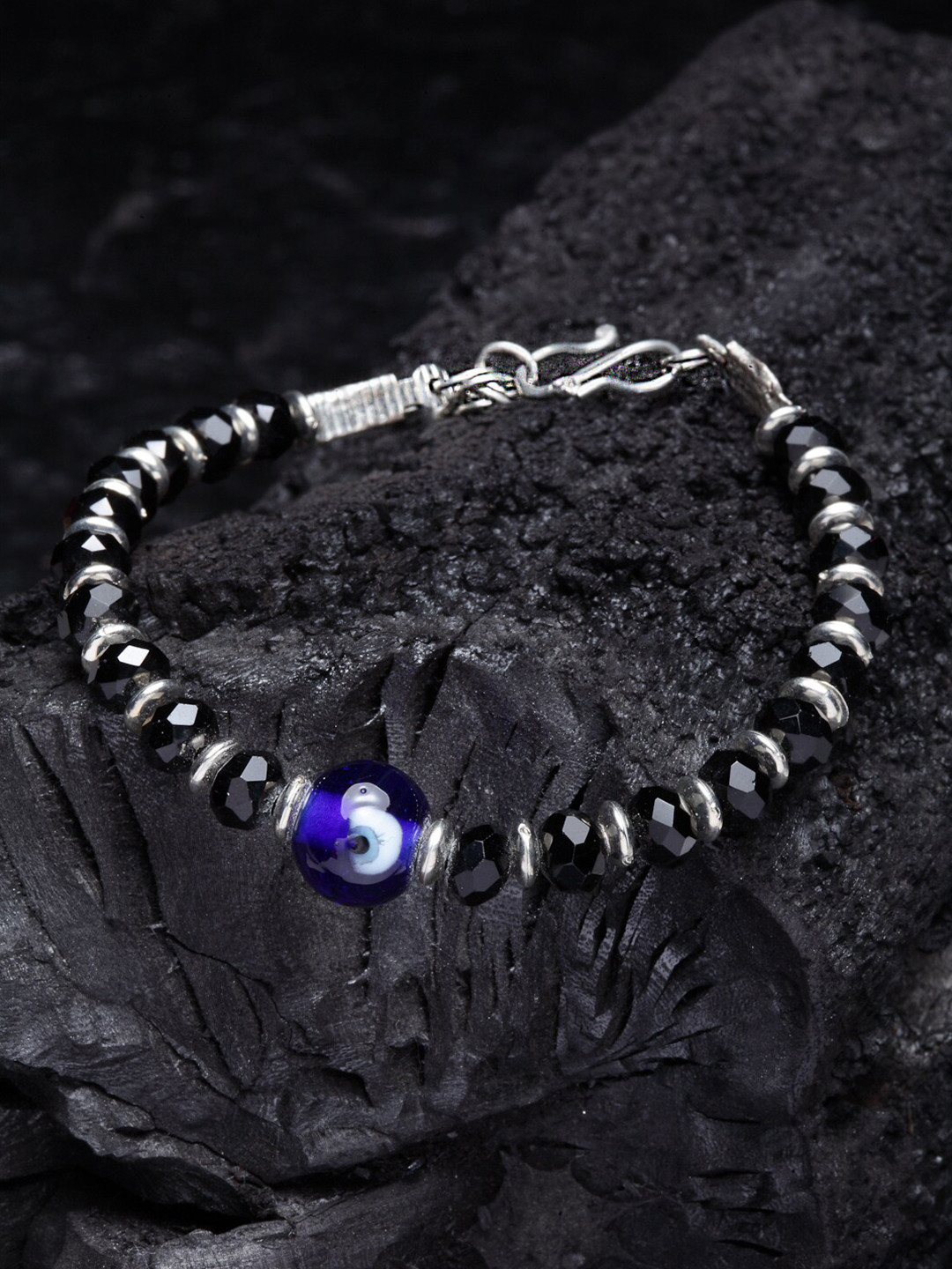 PANASH Men Silver-Toned & Black German Silver Oxidised Charm Bracelet