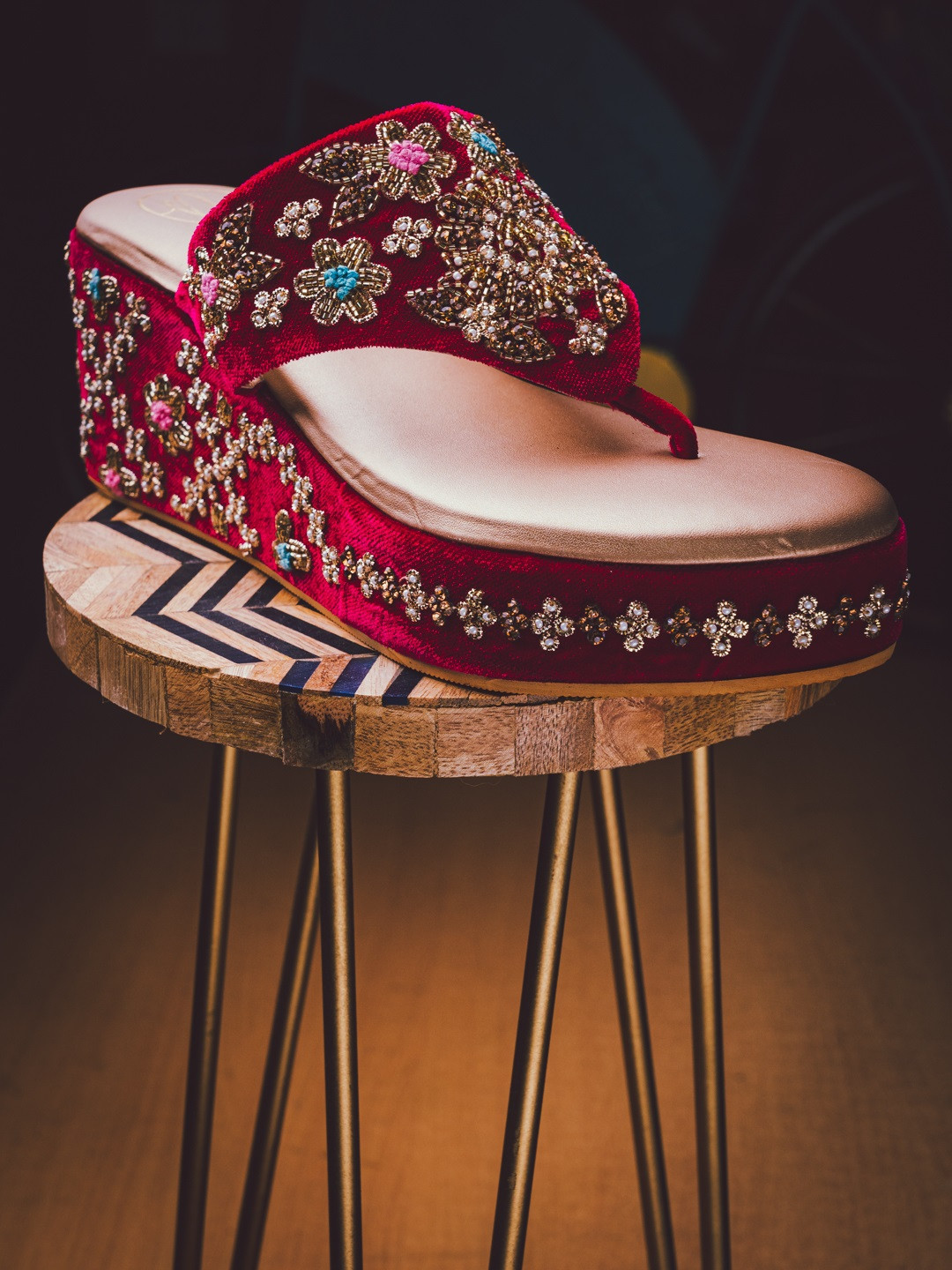 NR By Nidhi Rathi Pink Embellished Velvet Ethnic Wedge Sandals