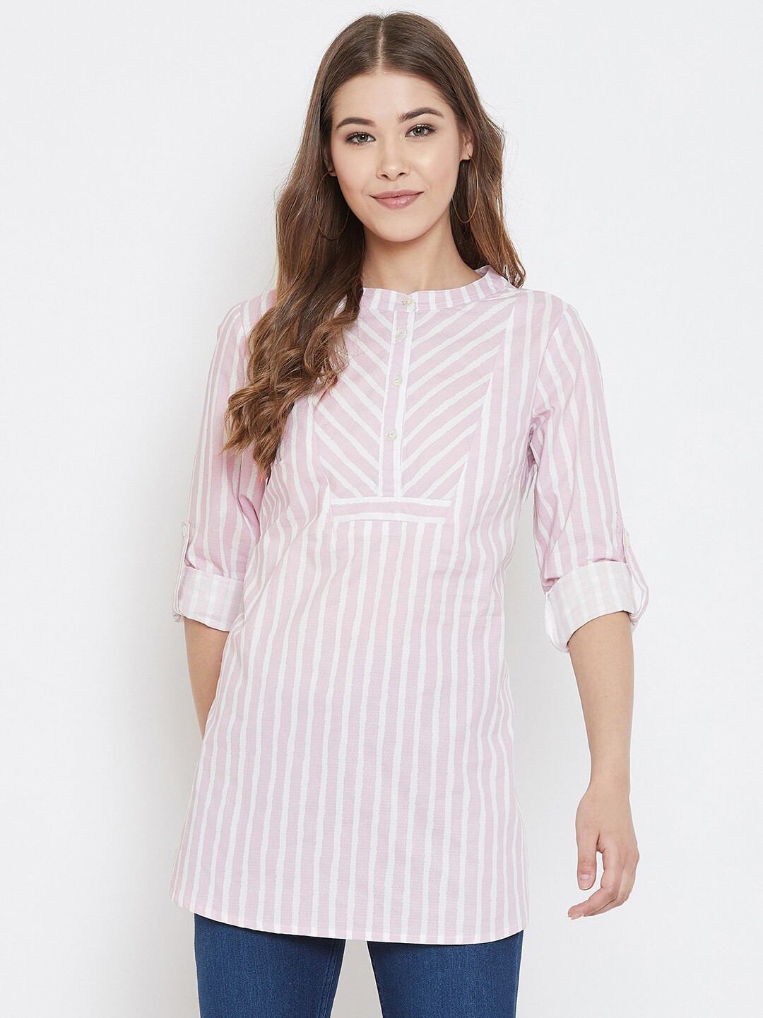 Ruhaans Pink & White Mandarin Collar Striped Tunic