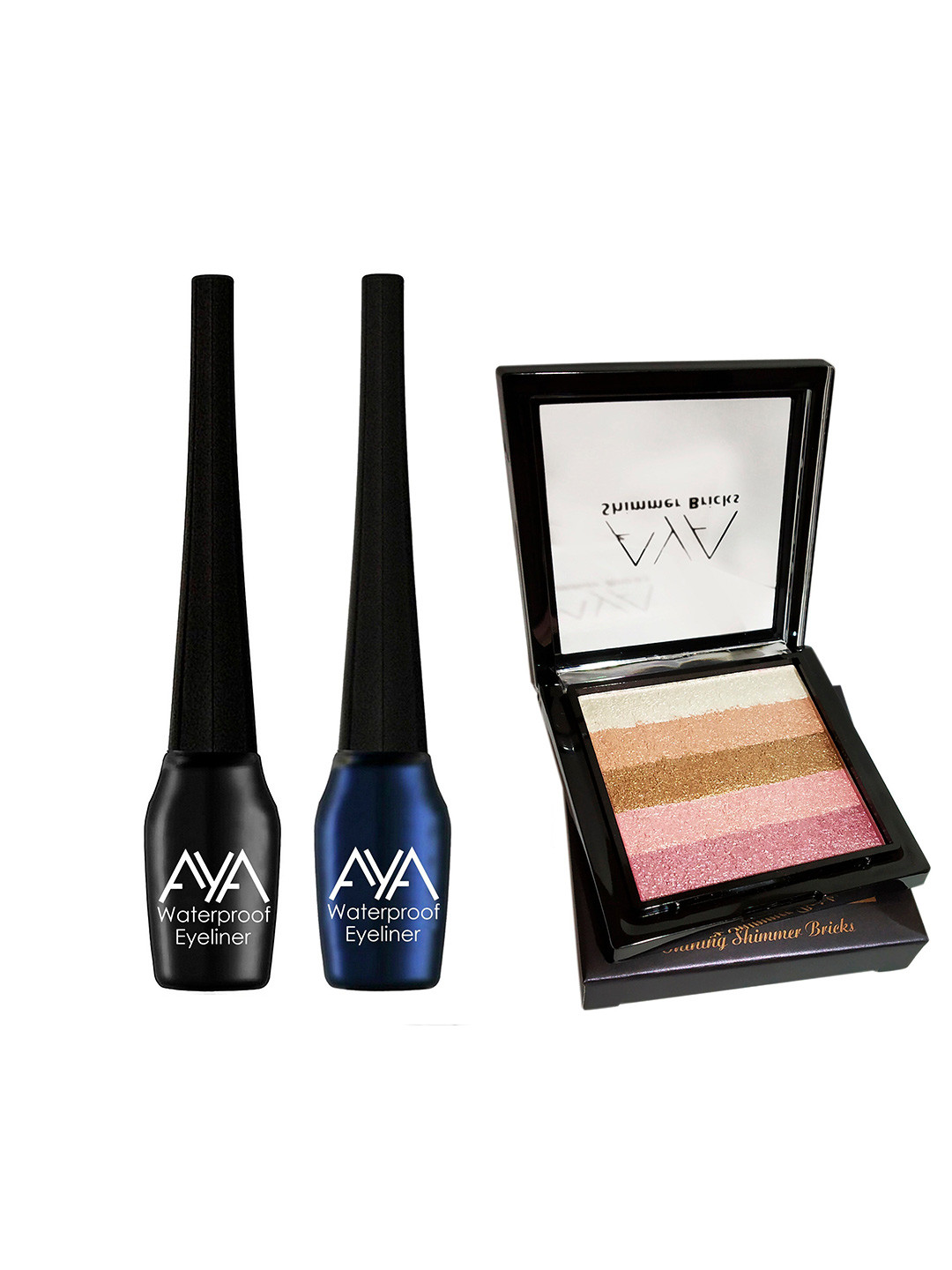 AYA Set of 3 Waterproof Liquid Eyeliner & Shimmer Brick Highlighter