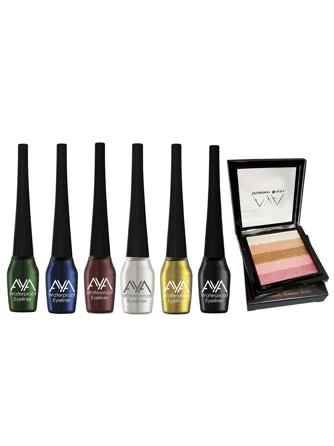 AYA Set of 7 Waterproof Liquid Eyeliner & Shimmer Brick Highlighter