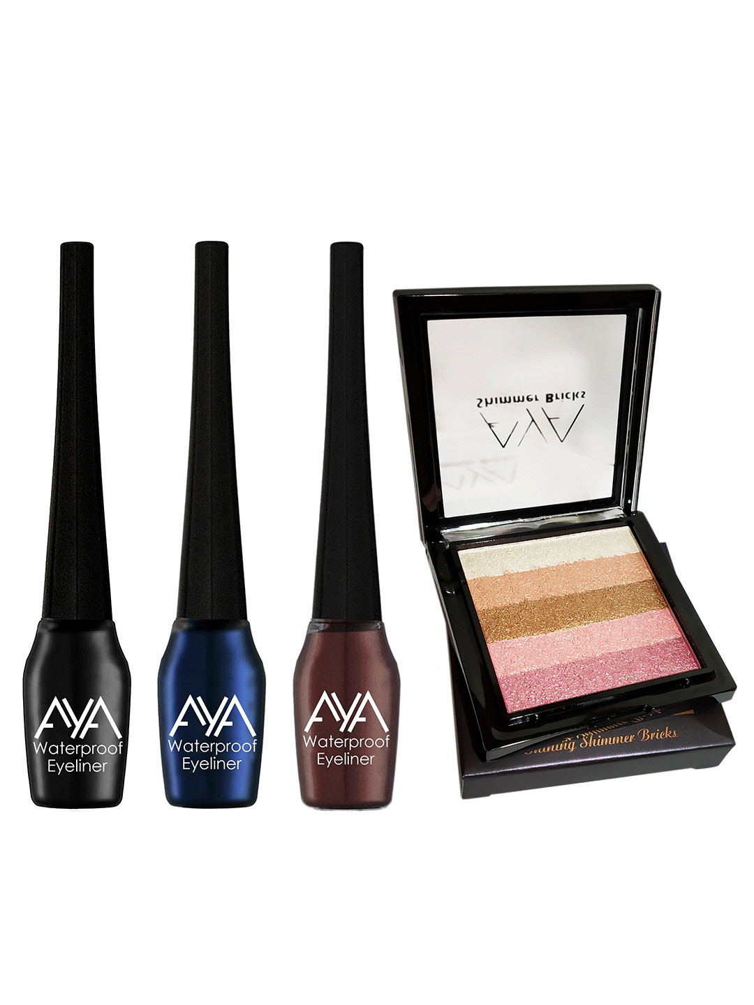 AYA Set of 4 Waterproof Liquid Eyeliner & Shimmer Brick Highlighter