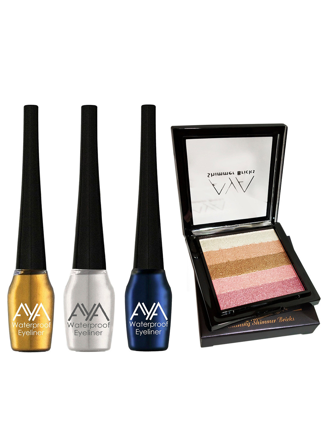AYA Set of 4 Waterproof Liquid Eyeliner & Shimmer Brick Highlighter