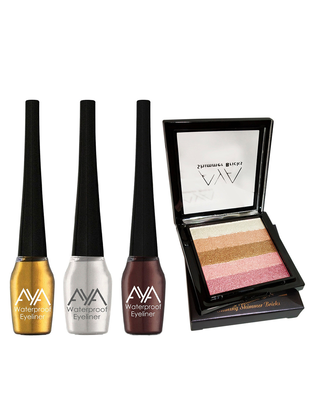 AYA Set of 4 Waterproof Liquid Eyeliner & Shimmer Brick Highlighter