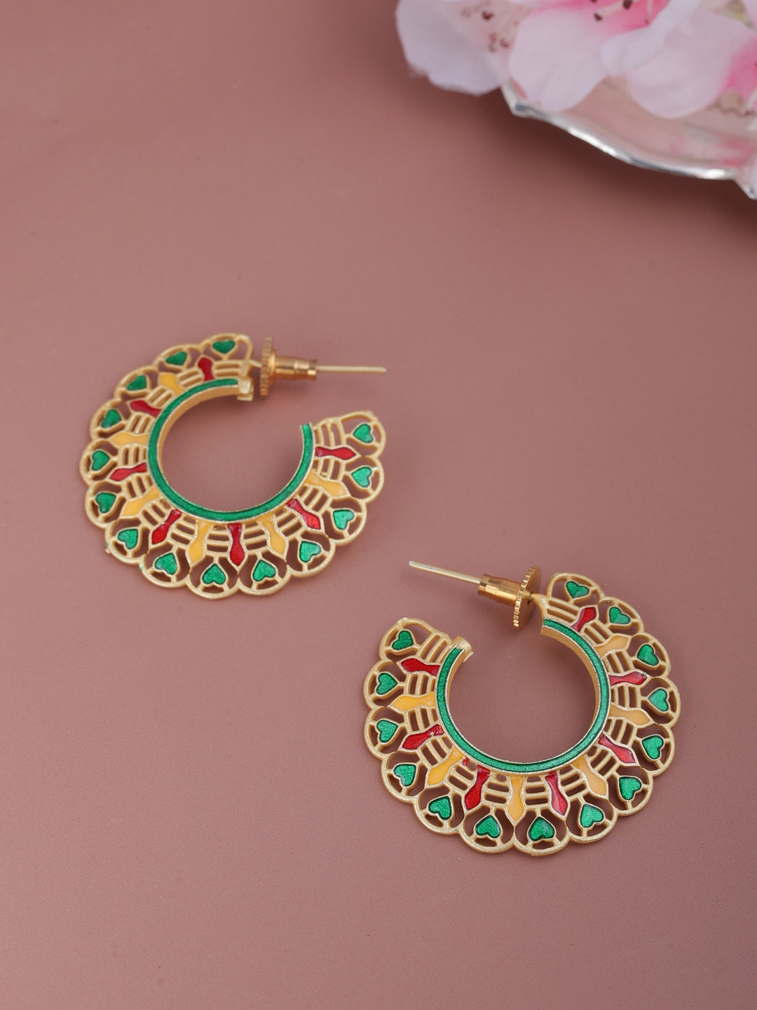 Shoshaa Green Contemporary Gold-Plated Hoop Earrings