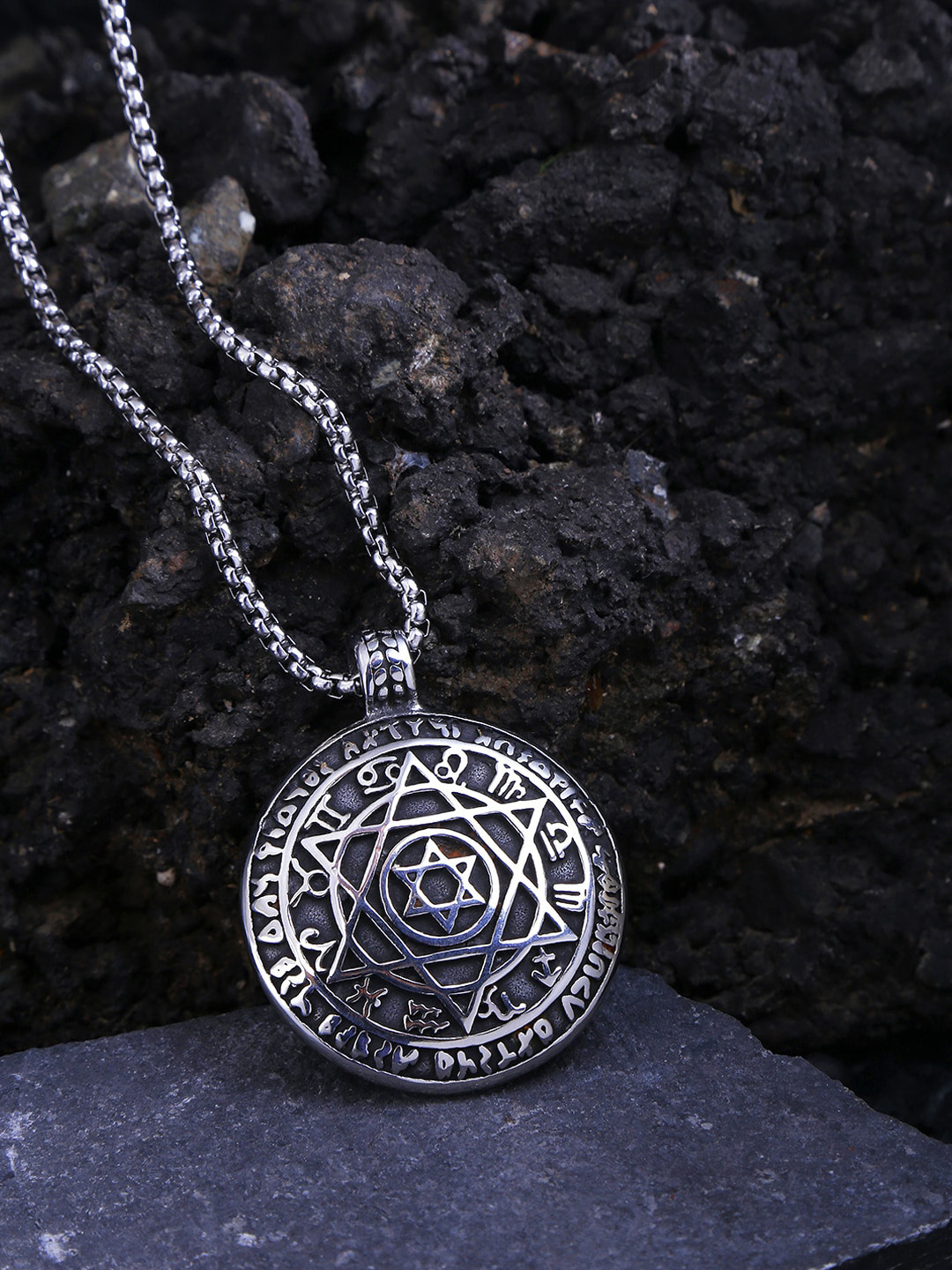 Yellow Chimes Silver-Toned & Black Hexagon Pendant With Chain