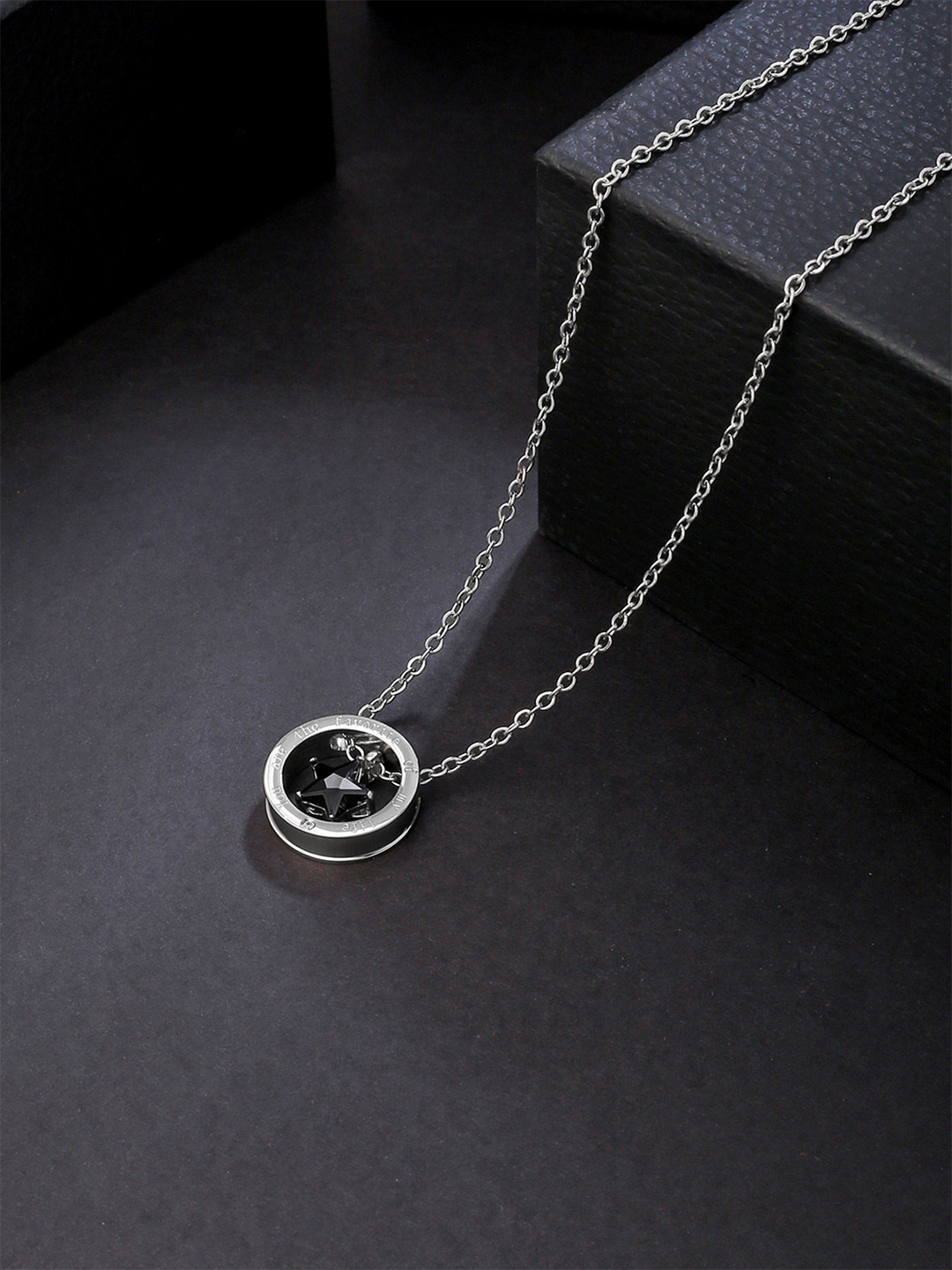Yellow Chimes Silver-Toned Black CZ Stone Studded Pendant With Chain