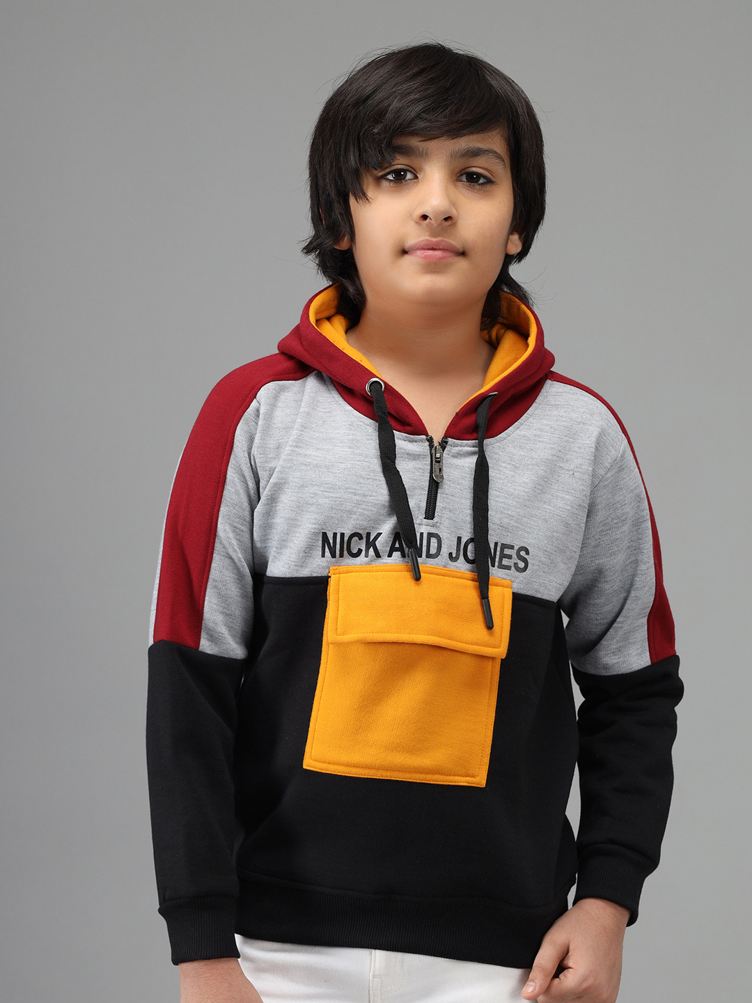 Nick and Jones Boys Grey Melange & Black Colourblocked Hooded Sweatshirt