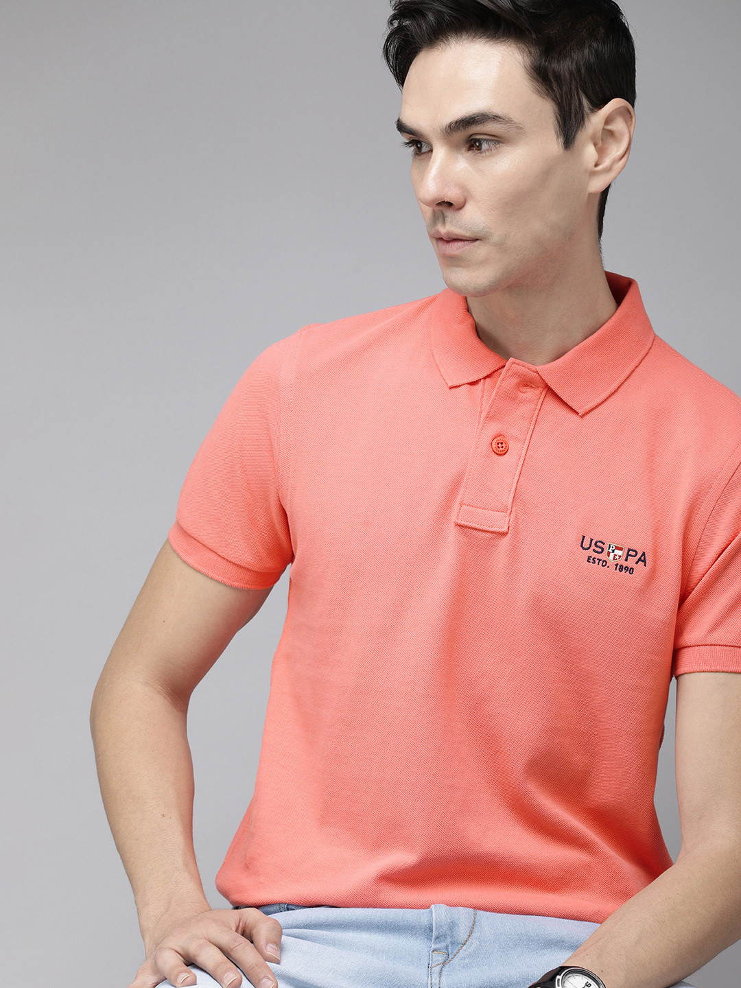 U S Polo Assn Men Peach-Coloured Solid Polo Collar Slim Fit Cotton Pure Cotton T-shirt