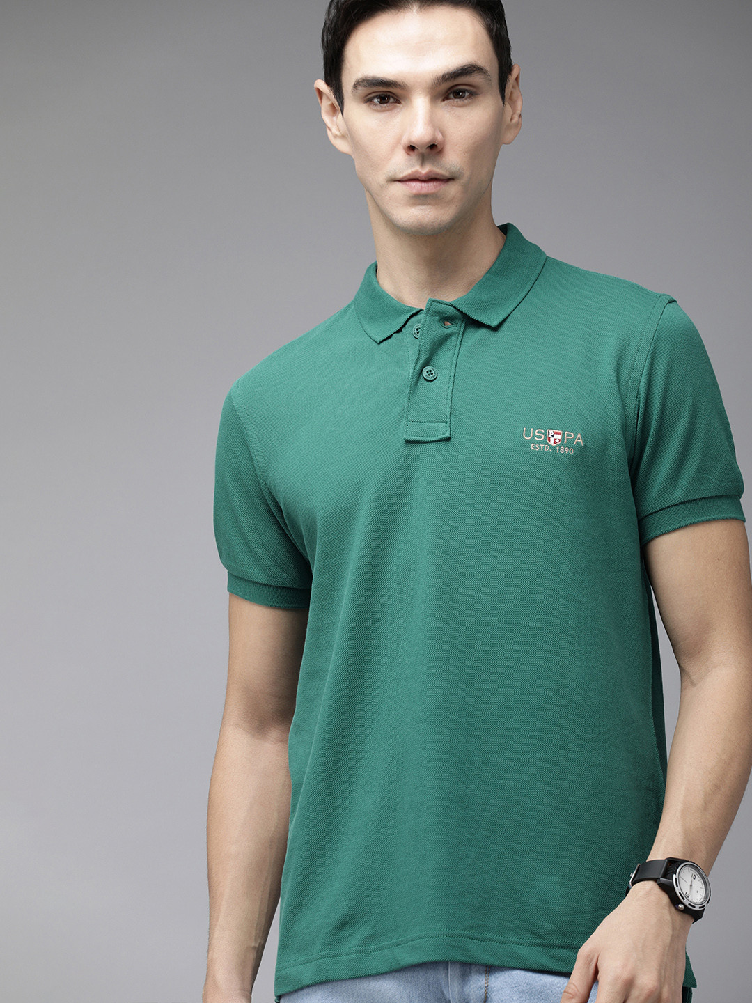 U S Polo Assn Men Teal Green Solid Polo Collar Slim Fit Cotton Pure Cotton T-shirt