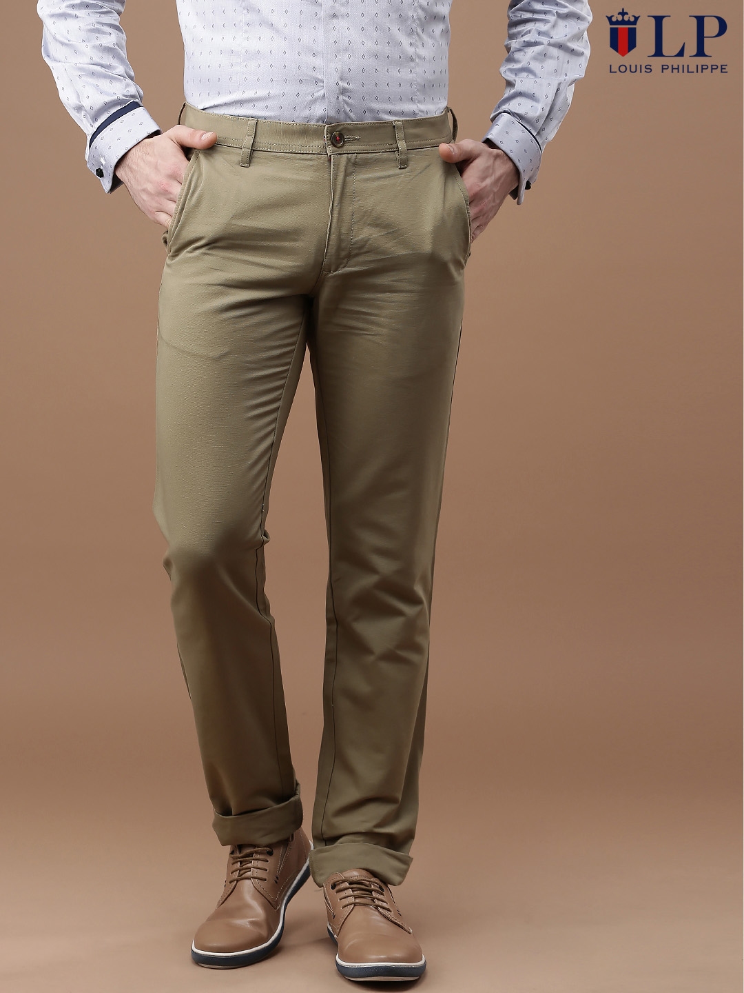 Buy Louis Philippe Sport Men Beige Solid Flat Front Trousers  Trousers for  Men 1550680  Myntra