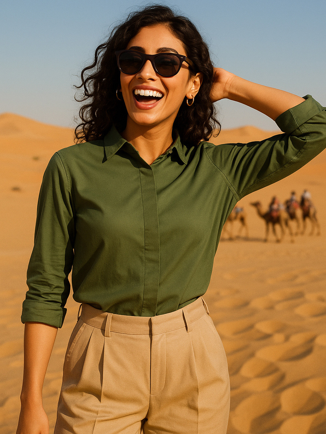 Hancock Women Olive Green Slim Fit Opaque Cotton Formal Shirt