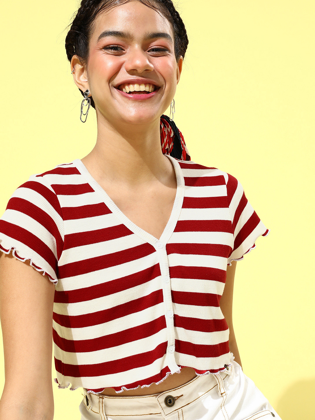 SASSAFRAS Women Gorgeous Red Horizontal Stripes Top