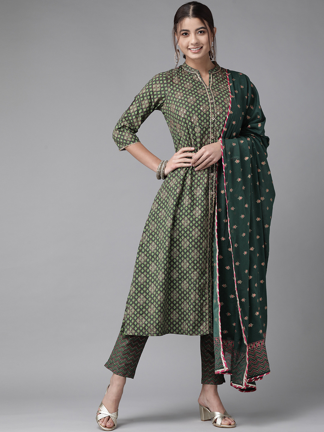 Indo Era Women Green Printed Regular Kurta with Trousers & Dupatta