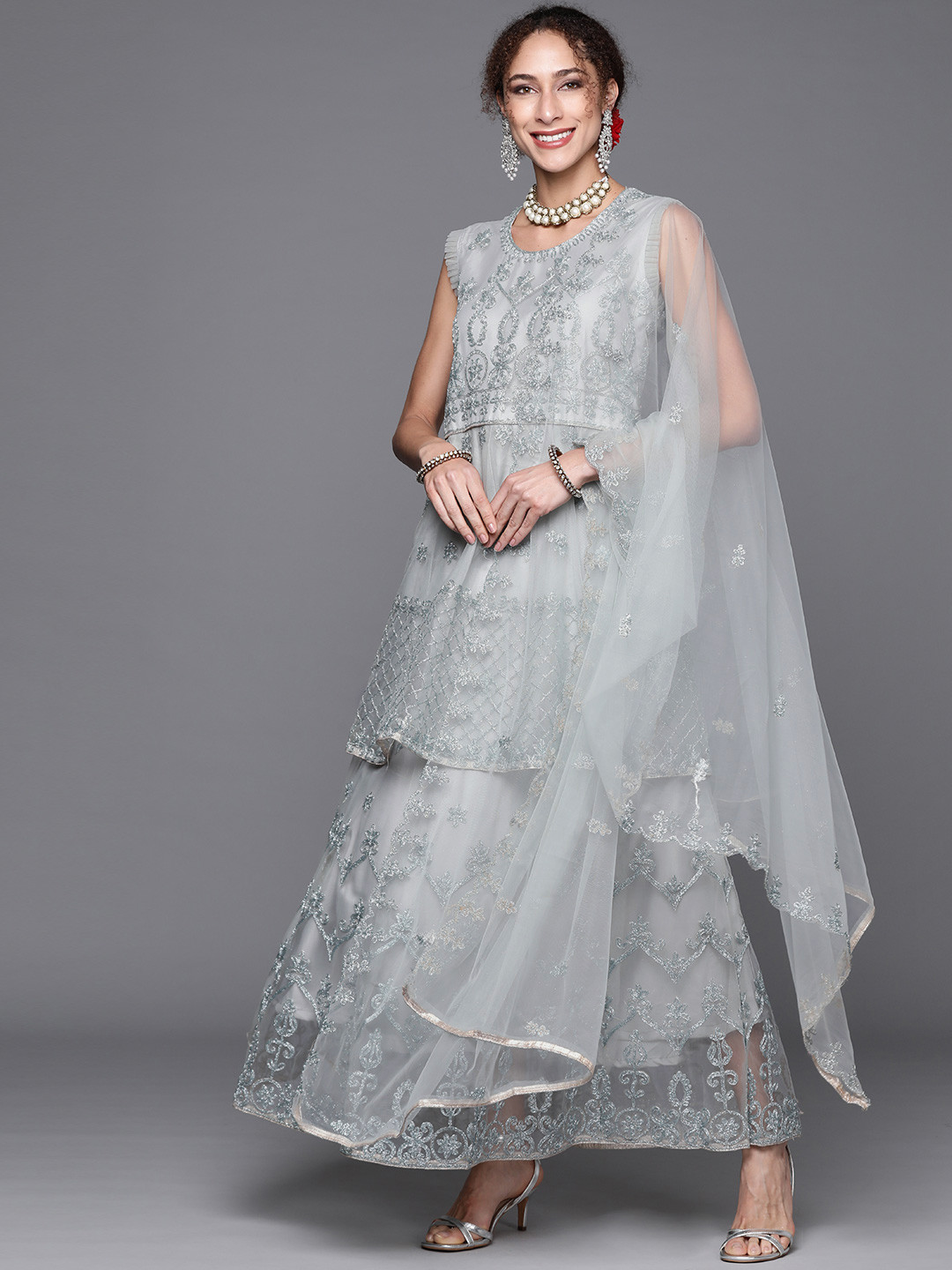 Chhabra 555 Grey & Blue Embroidered Semi-Stitched Dress Material