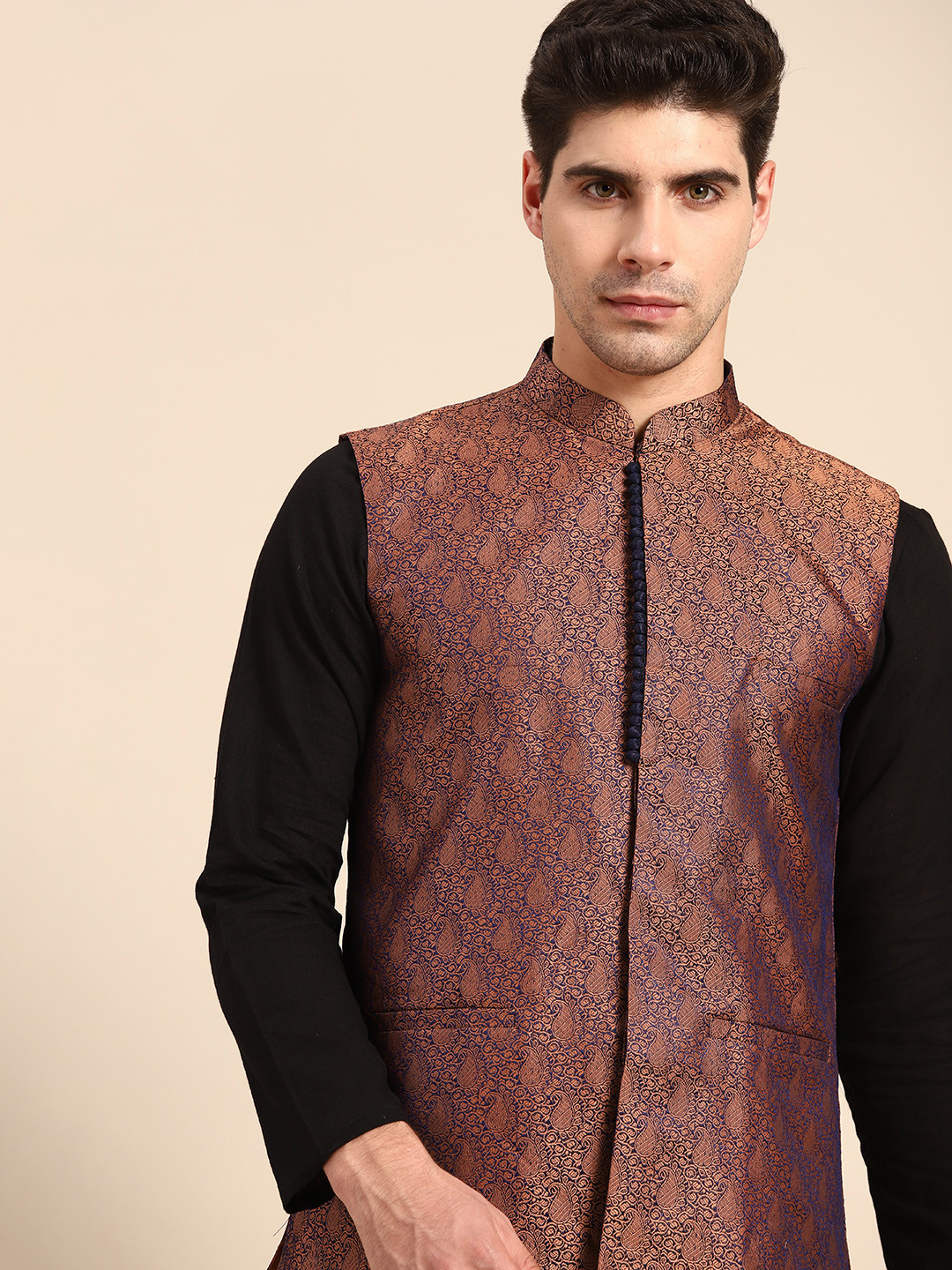 Anouk Men Copper-Toned & Navy Blue Woven Design Jacquard Silk Nehru Jacket