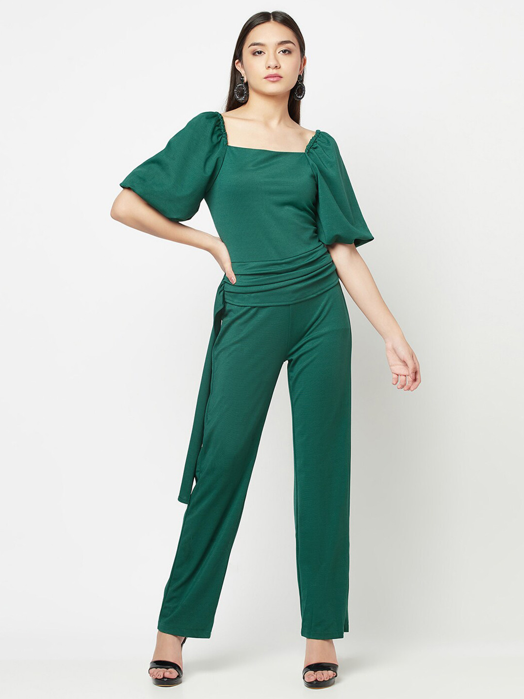 iki chic Green Puff Sleeves Wide Leg Waisted Jumpsuit