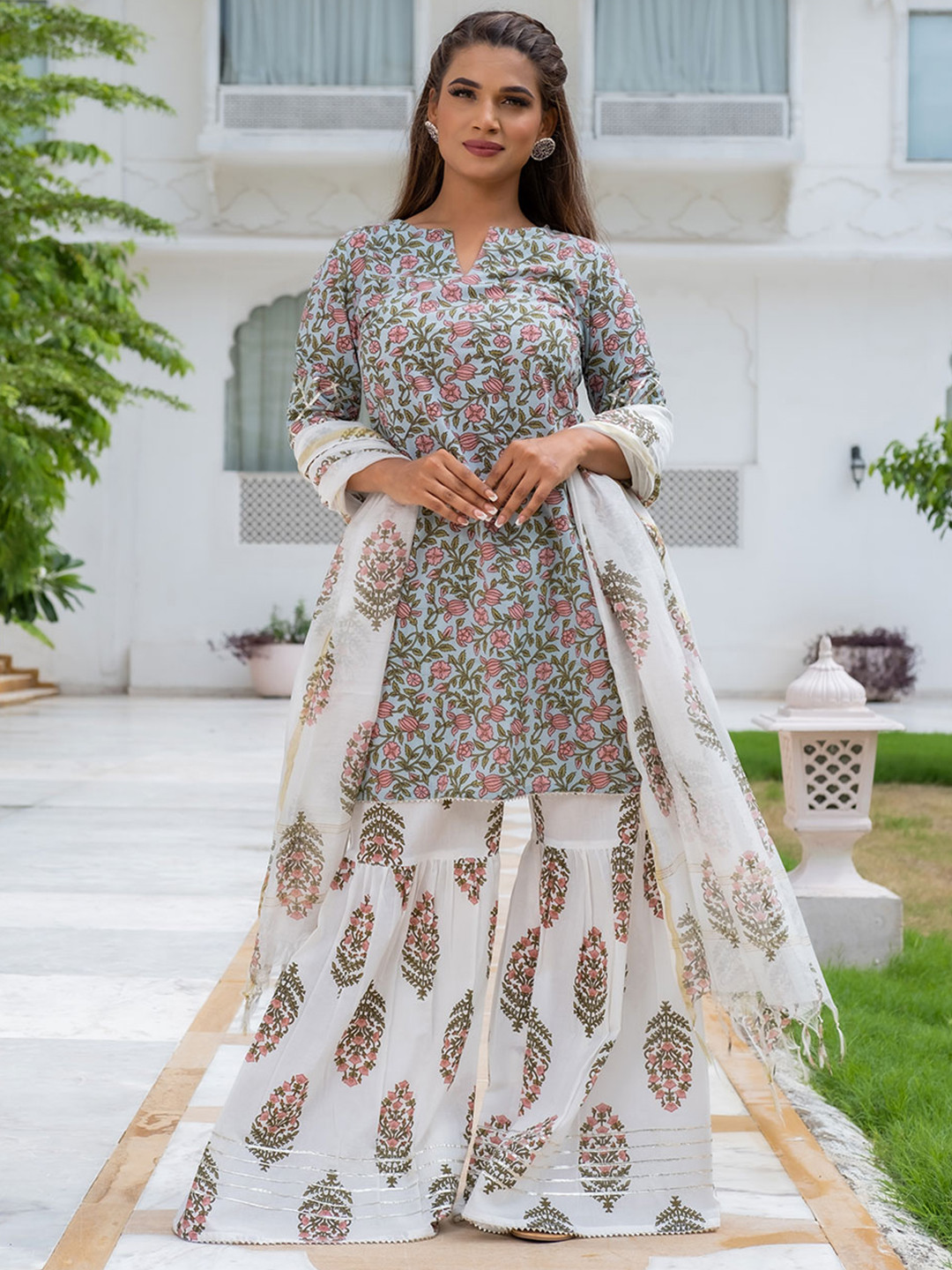 Jaipur Kurti Ethnic Print Cotton Short Kurta With Sharara & Dupatta