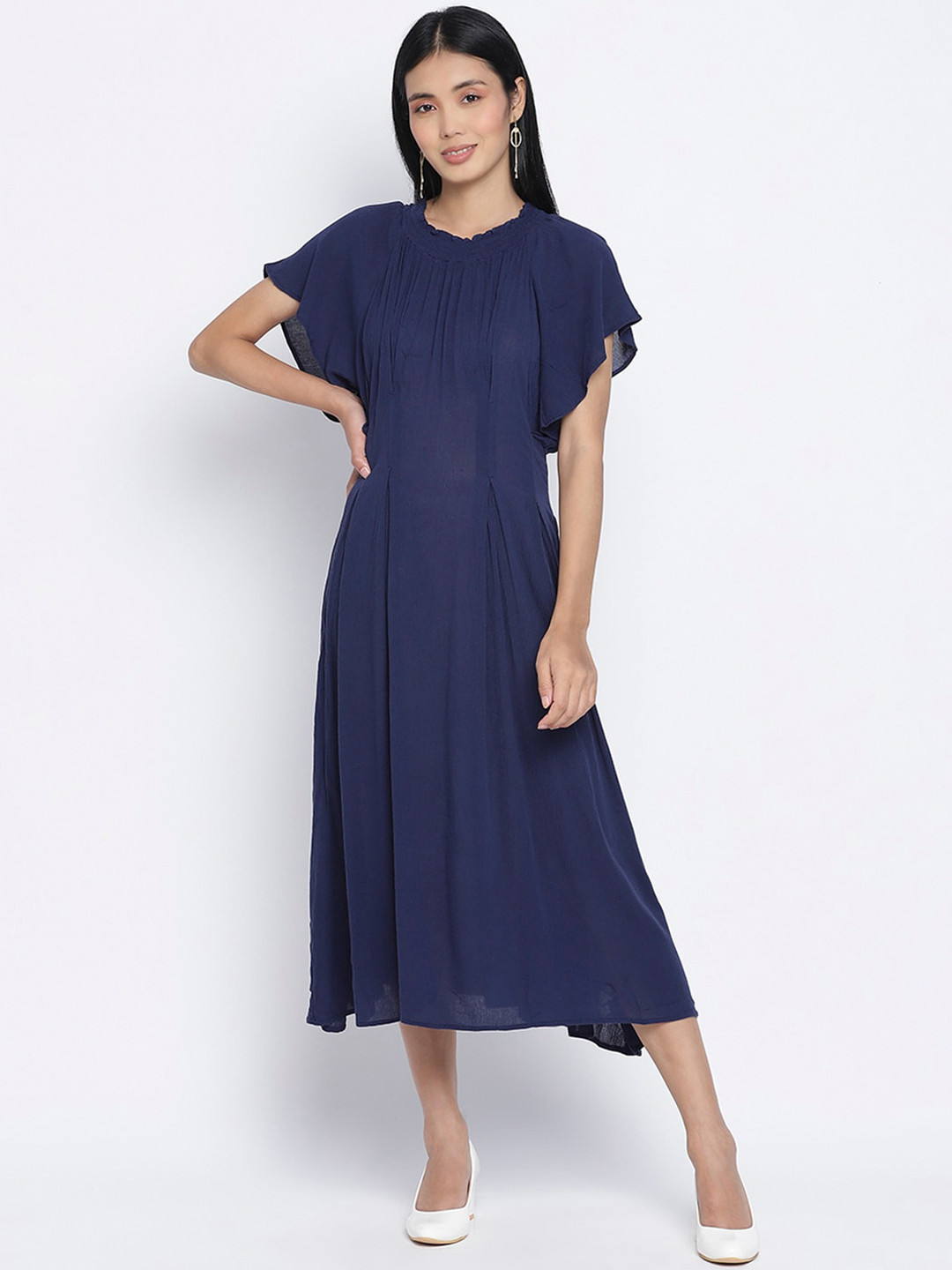 Oxolloxo Women Navy Blue Crepe Midi Dress
