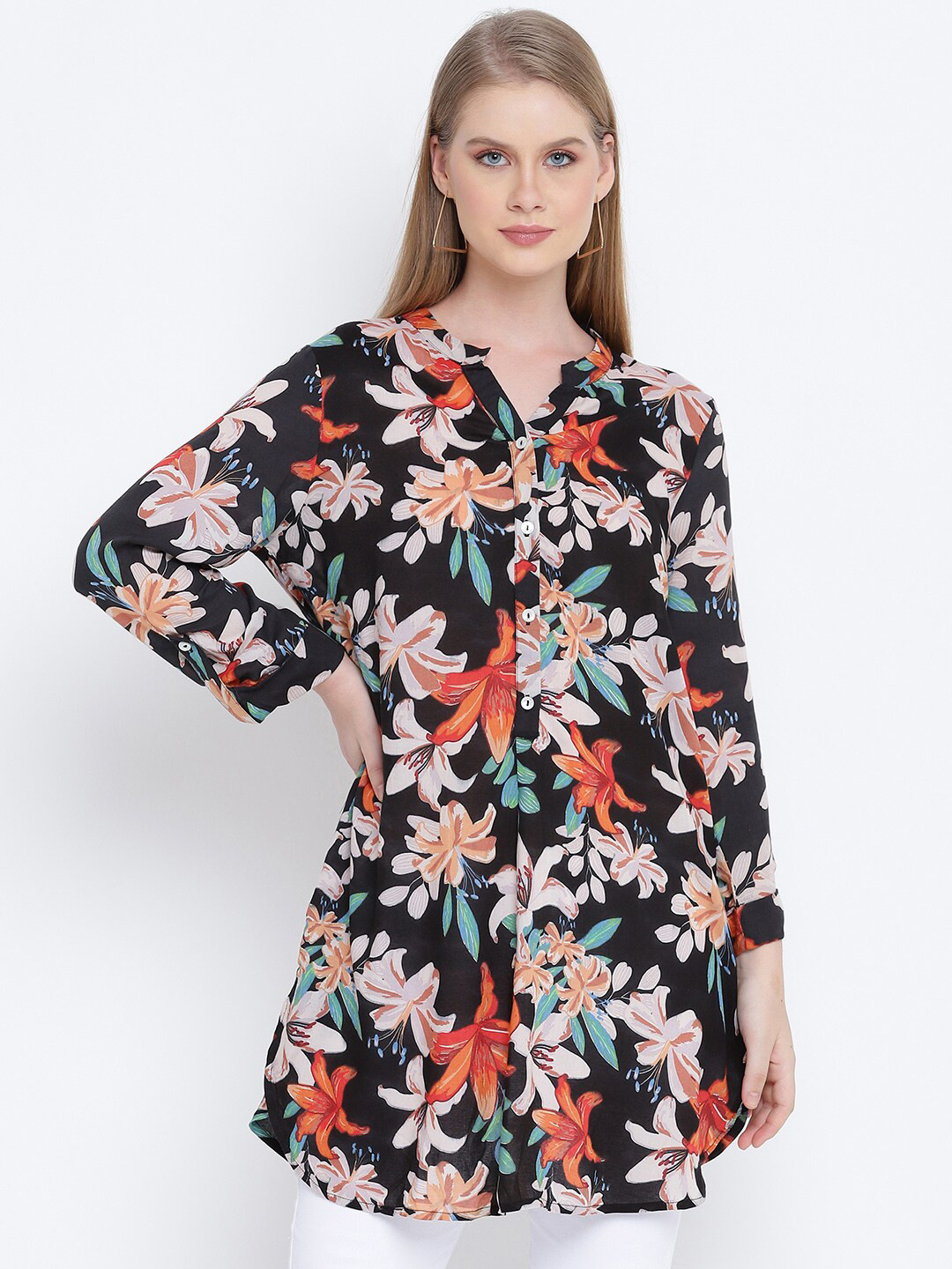 Oxolloxo Black & Red Viscose Rayon Mandarin Collar Printed Tunic