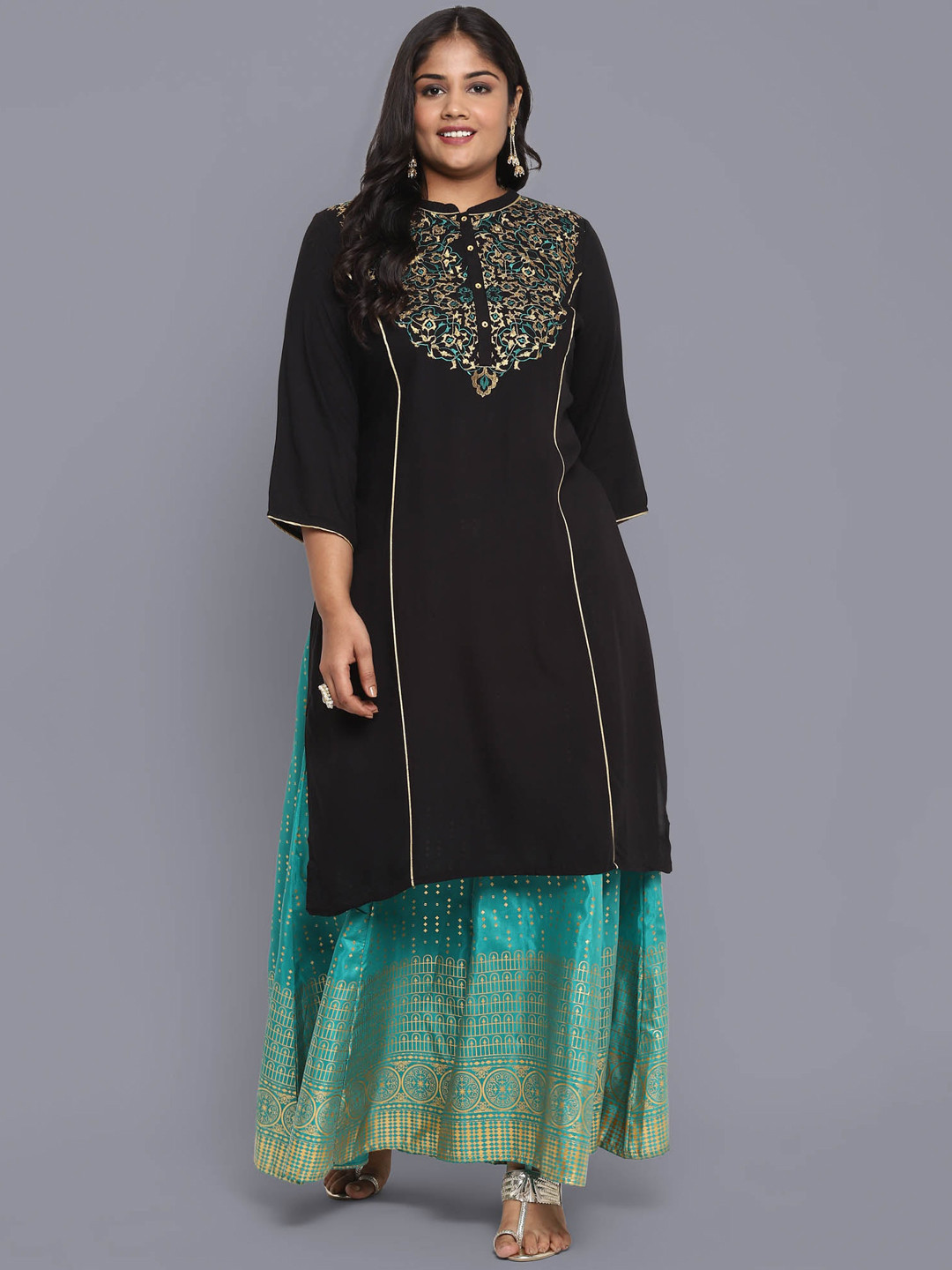 AURELIA Women Black & Green Ethnic Motifs Embroidered Keyhole Neck Kurta