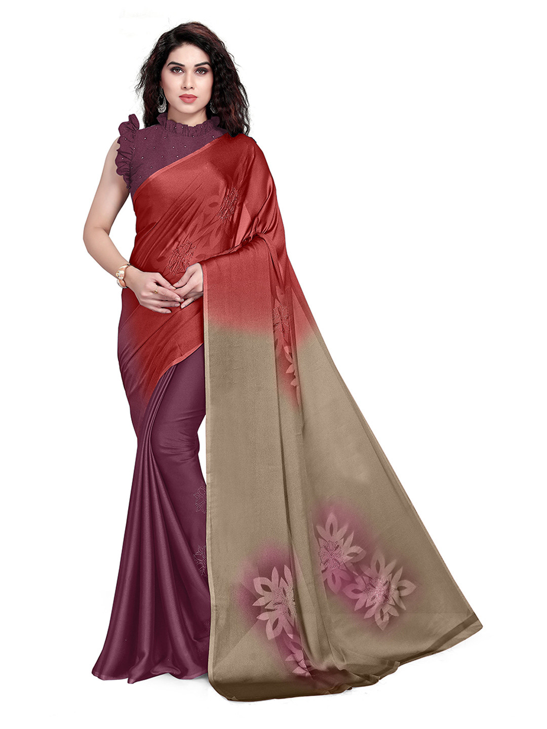 MIRCHI FASHION Red & Purple Floral Beads and Stones Saree