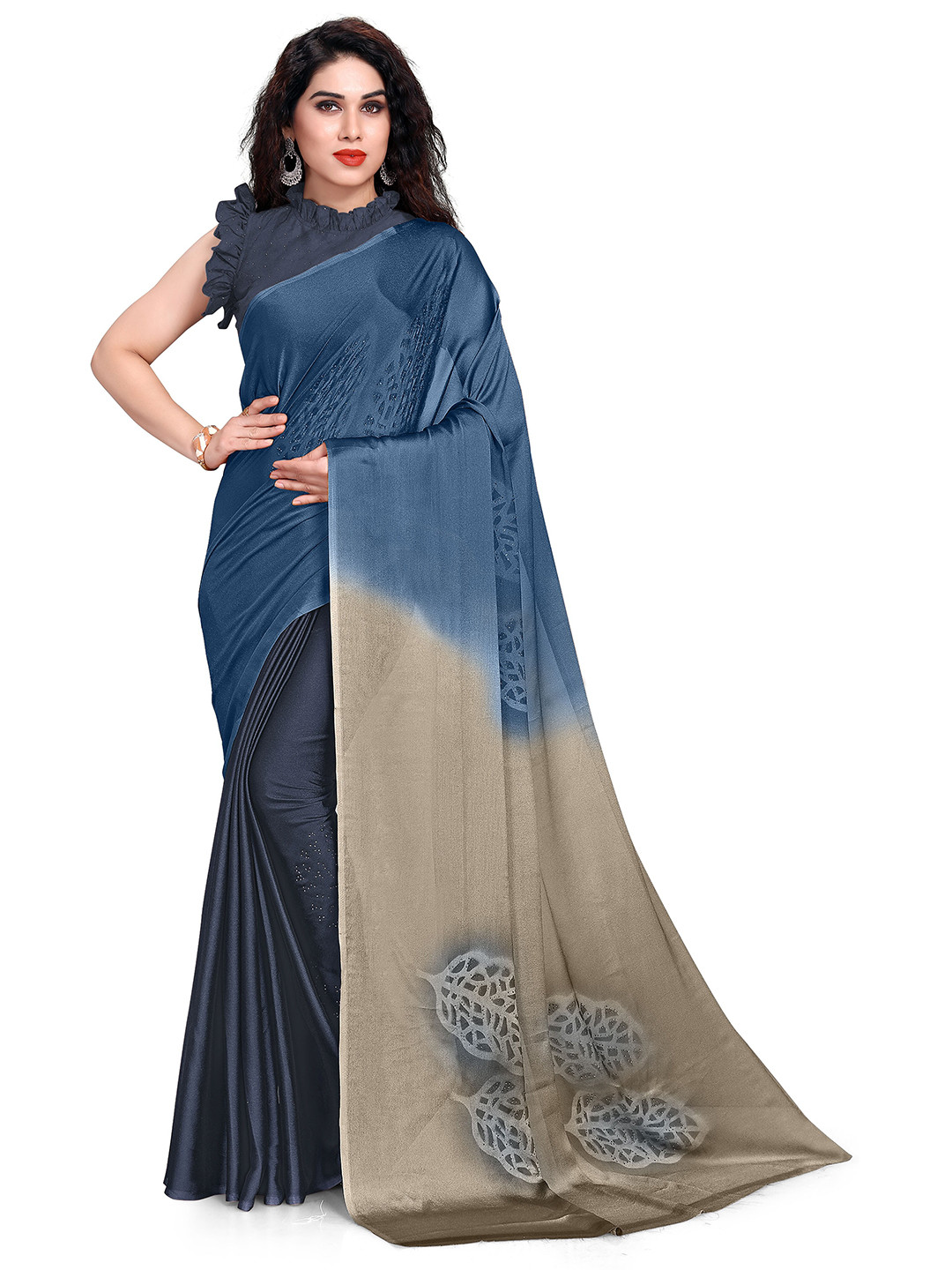 MIRCHI FASHION Grey & Blue Floral Saree